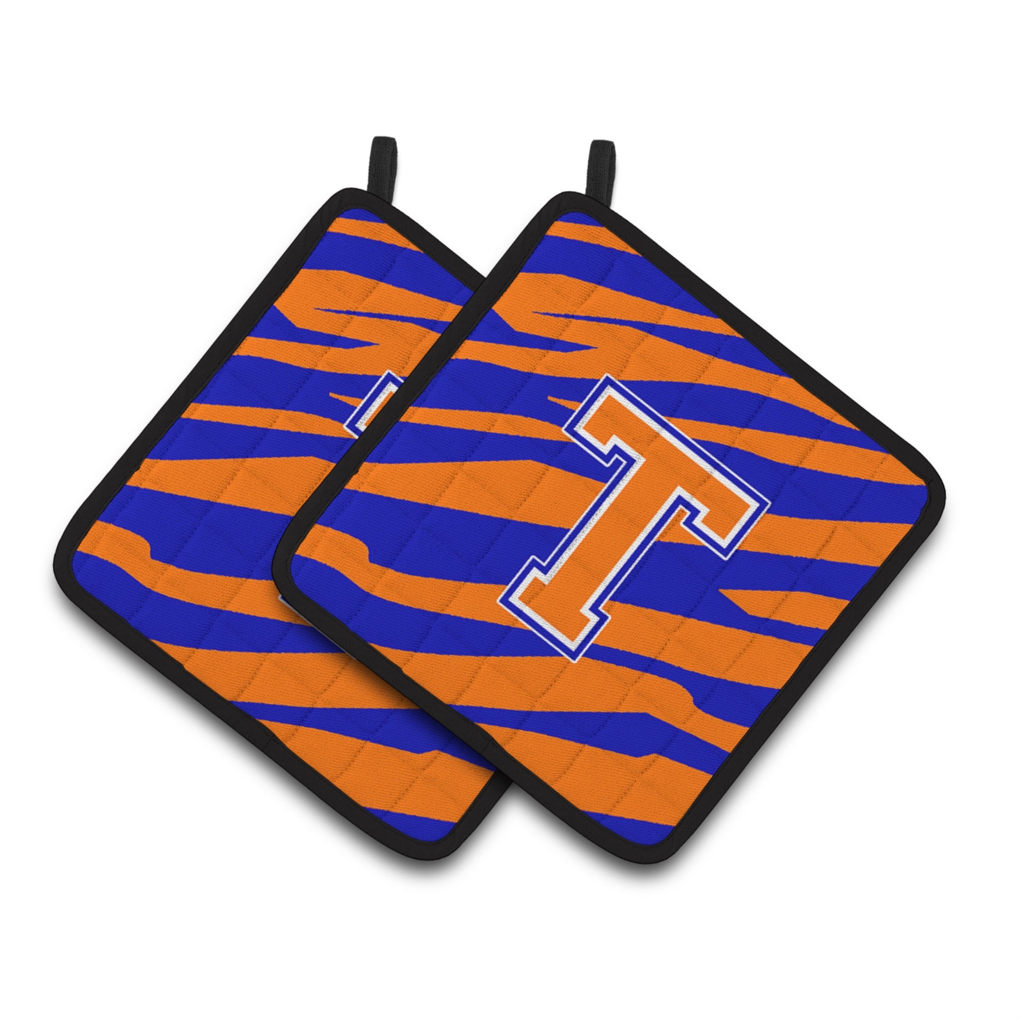 'Caroline'S Treasures Monogram Initial T Tiger Stripe - Blue Orange Pair Of Pot Holders Cj1023-Tpthd, 7.5Hx7.5W, Multicolor''
