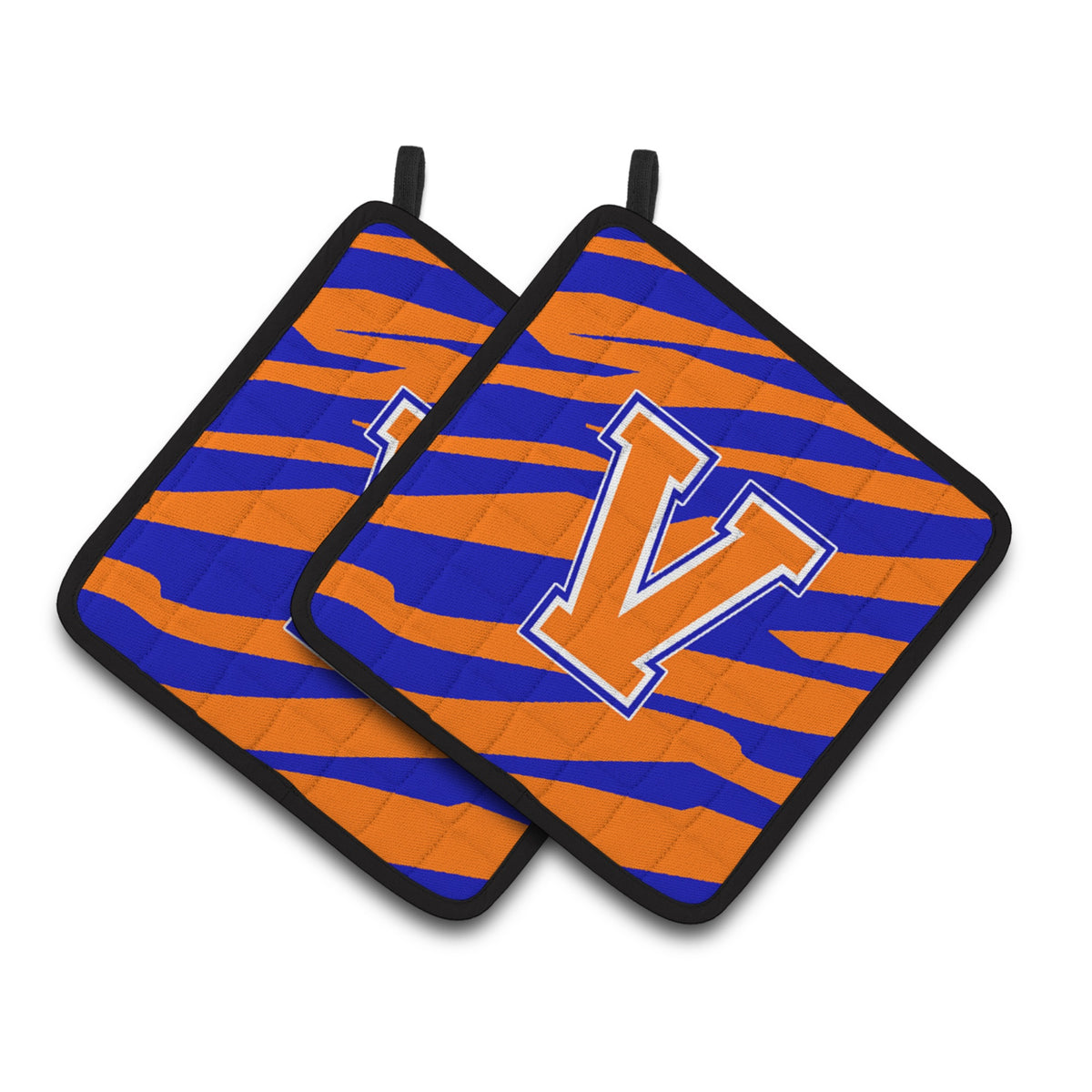 'Caroline'S Treasures Monogram Initial V Tiger Stripe - Blue Orange Pair Of Pot Holders Cj1023-Vpthd, 7.5Hx7.5W, Multicolor''