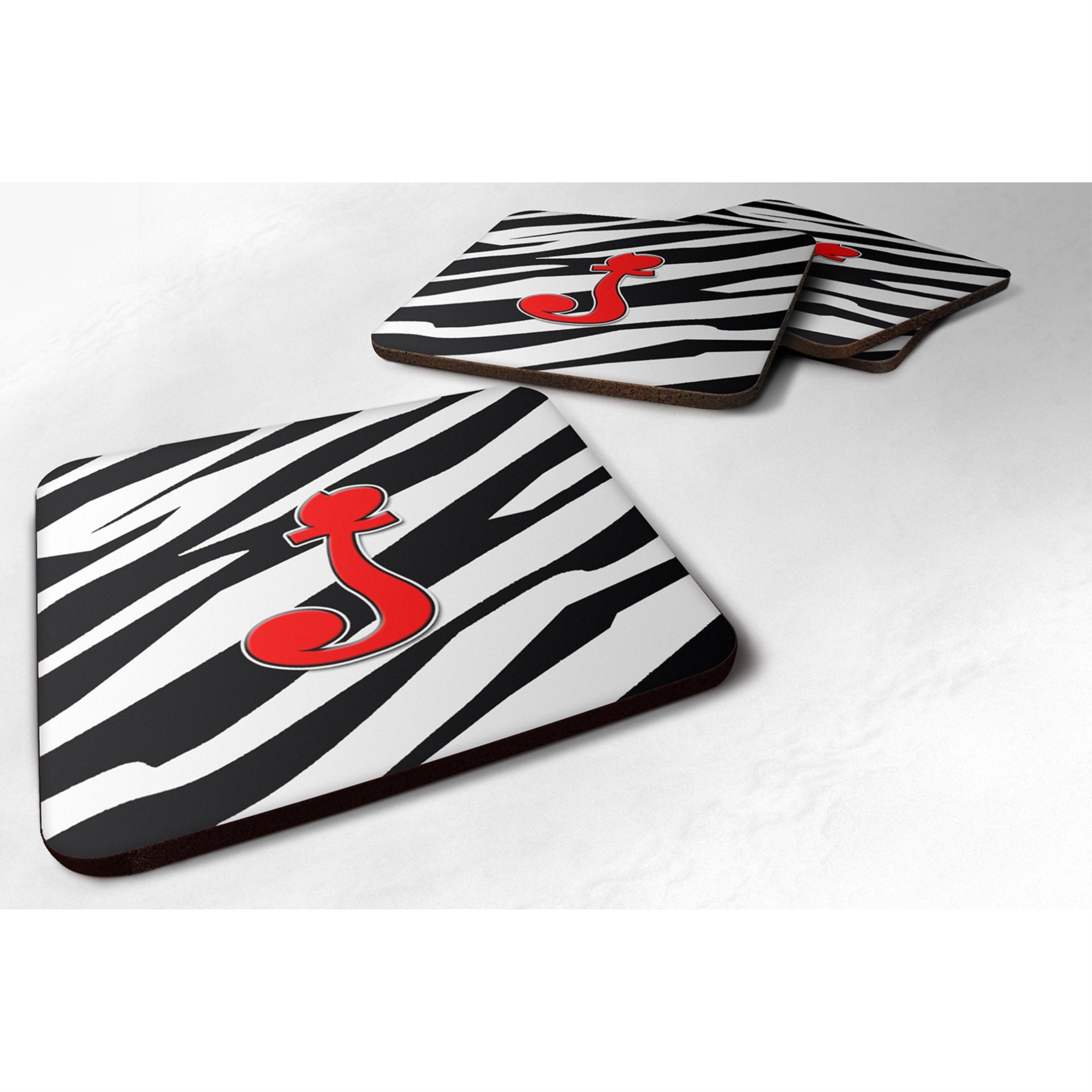 'Caroline'S Treasures Cj1024-Jfc Monogram-Zebra Red Foam Coasters (Set Of 4), Initial Letter J, 3.5'''' H X 3.5'''' W, Multicol