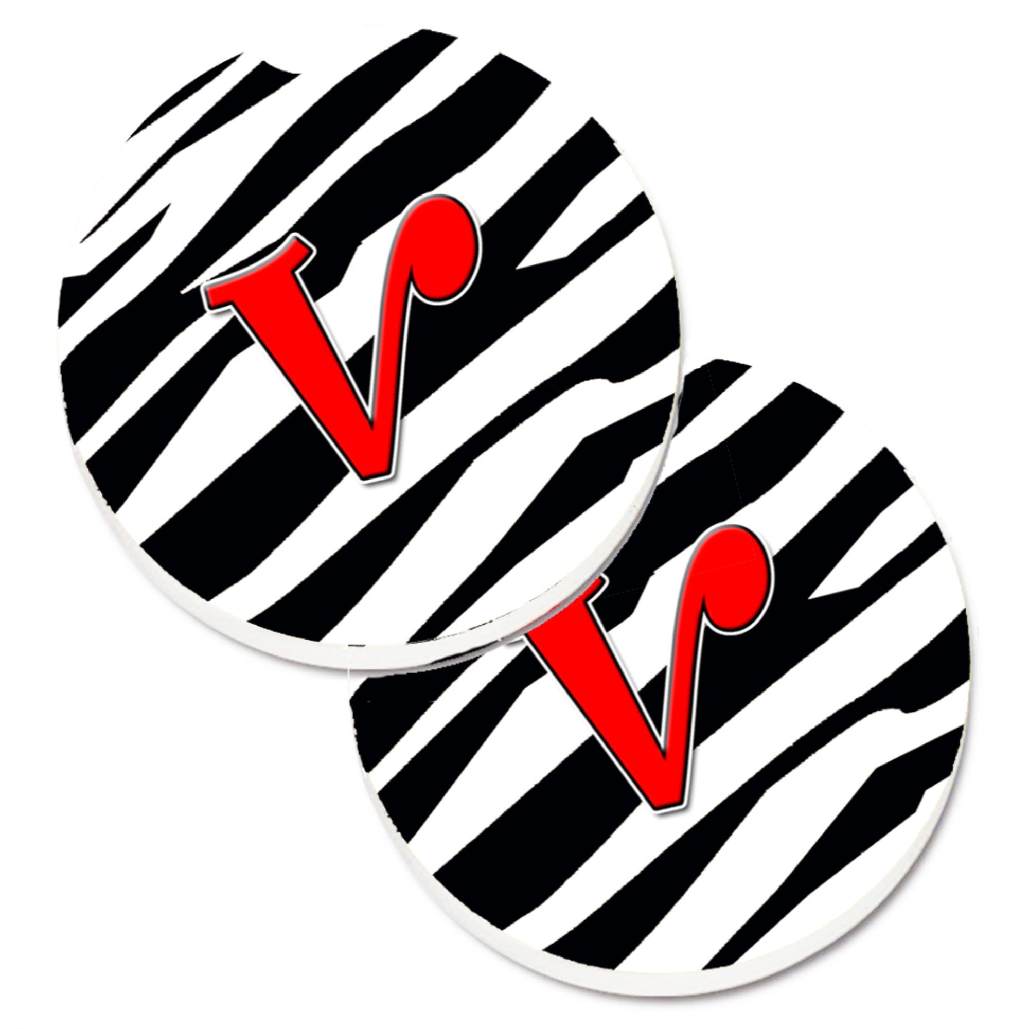 'Caroline'S Treasures Monogram Initial V Zebra Red Set Of 2 Cup Holder Car Coasters Cj1024-Vcarc, 2.56, Multicolor''