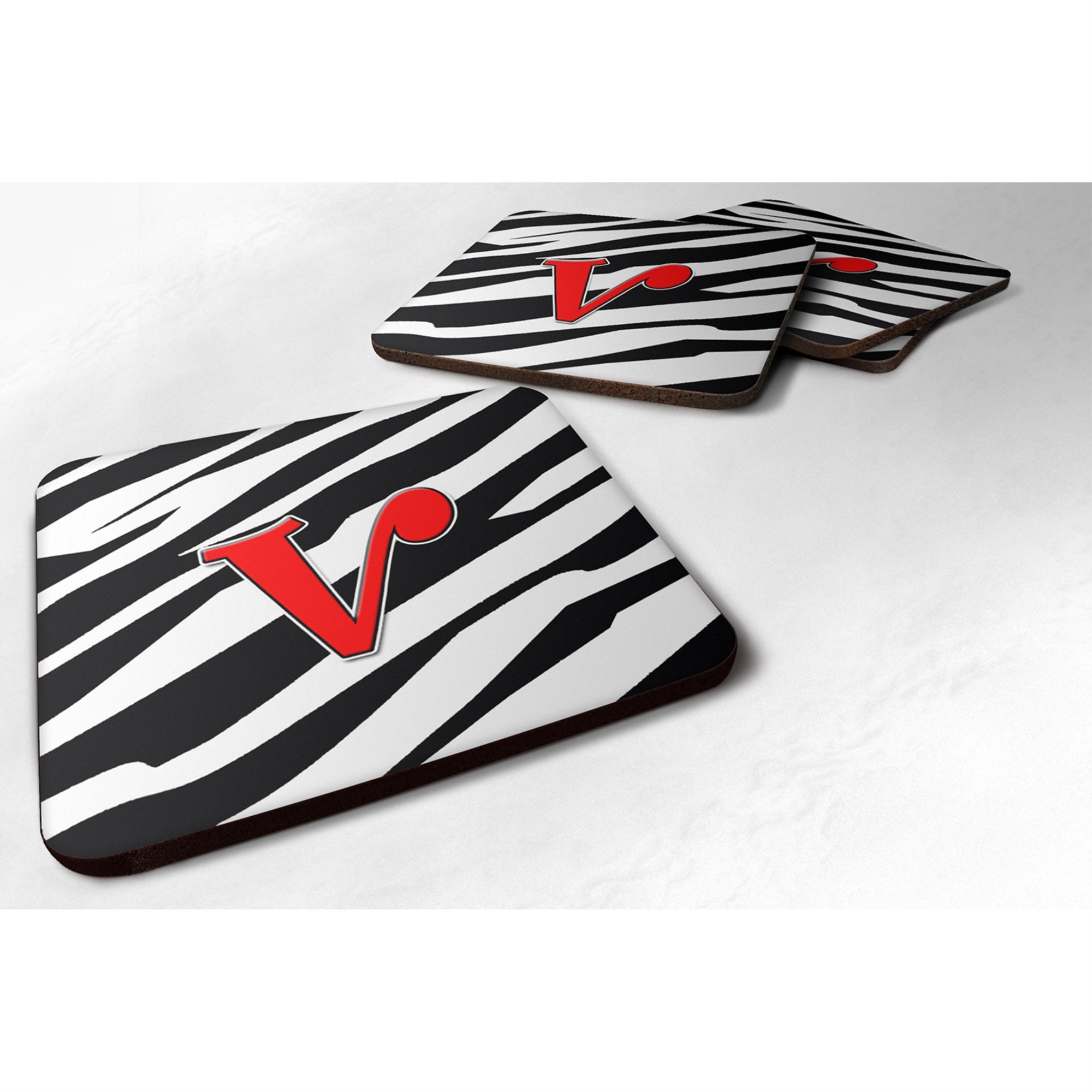 'Caroline'S Treasures Cj1024-Vfc Monogram-Zebra Red Foam Coasters (Set Of 4), Initial Letter V, 3.5'''' H X 3.5'''' W, Multicol