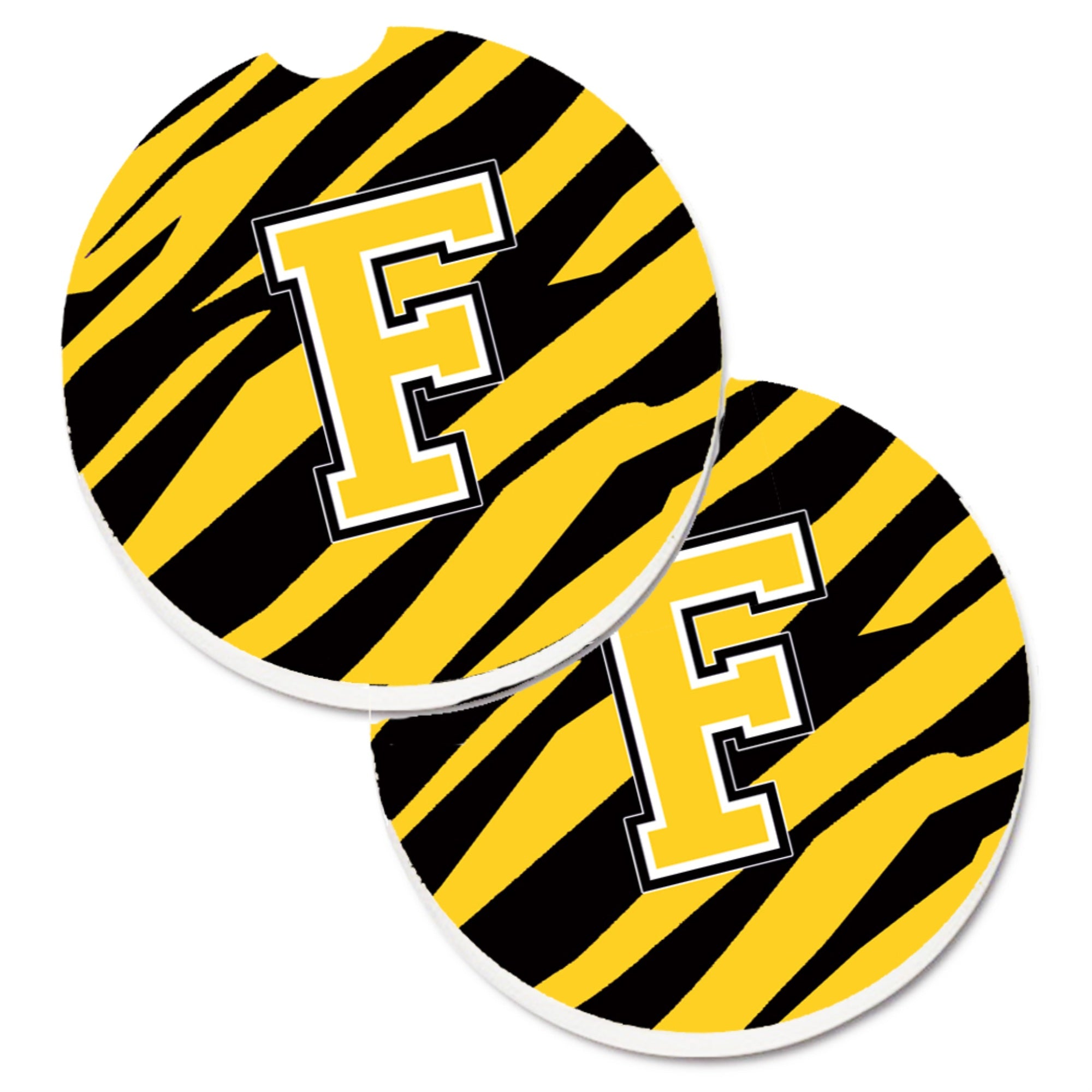 'Caroline'S Treasures Monogram Initial F Tiger Stripe - Black Gold Set Of 2 Cup Holder Car Coasters Cj1026-Fcarc, 2.56, Multico