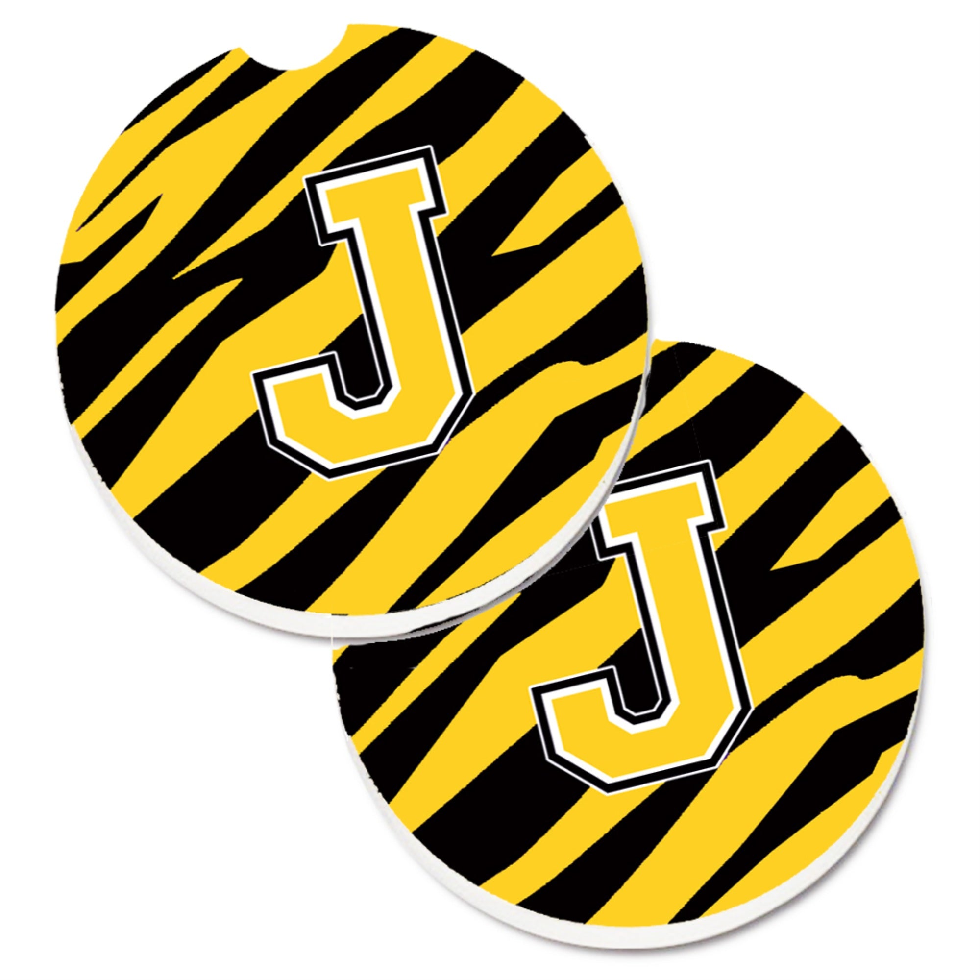 'Caroline'S Treasures Monogram Initial J Tiger Stripe - Black Gold Set Of 2 Cup Holder Car Coasters Cj1026-Jcarc, 2.56, Multico