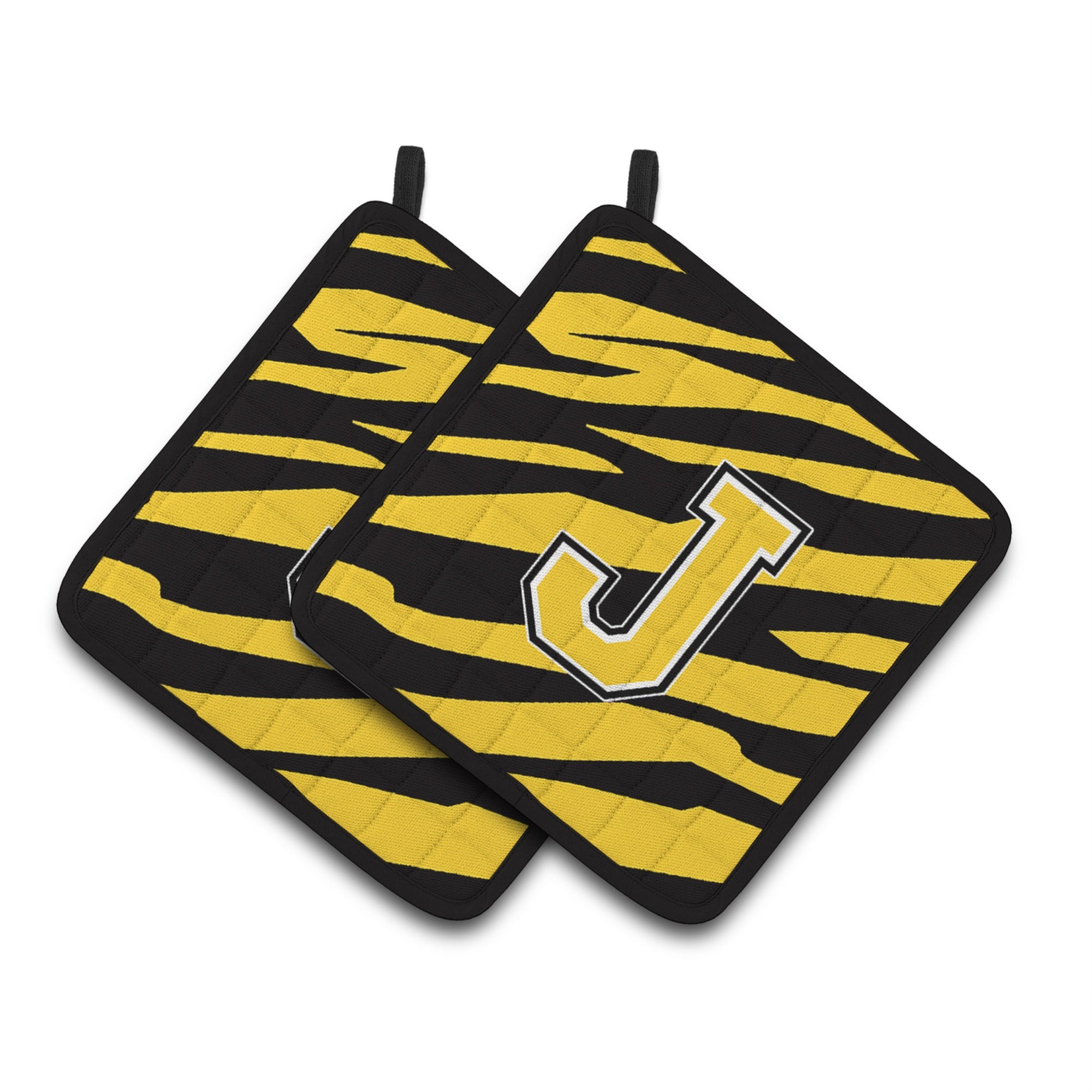 'Caroline'S Treasures Monogram Initial J Tiger Stripe - Black Gold Pair Of Pot Holders Cj1026-Jpthd, 7.5Hx7.5W, Multicolor''