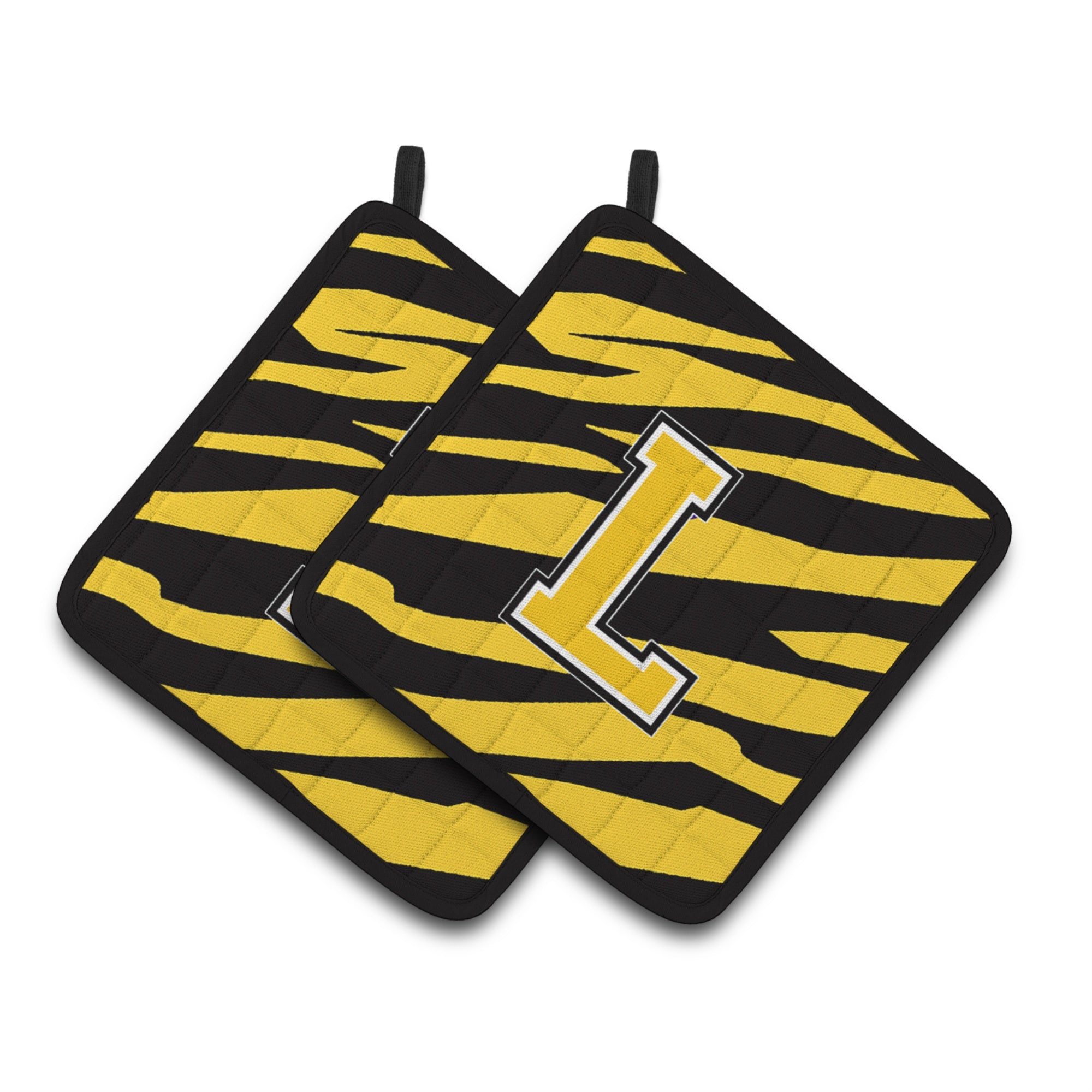 'Caroline'S Treasures Monogram Initial L Tiger Stripe - Black Gold Pair Of Pot Holders Cj1026-Lpthd, 7.5Hx7.5W, Multicolor''