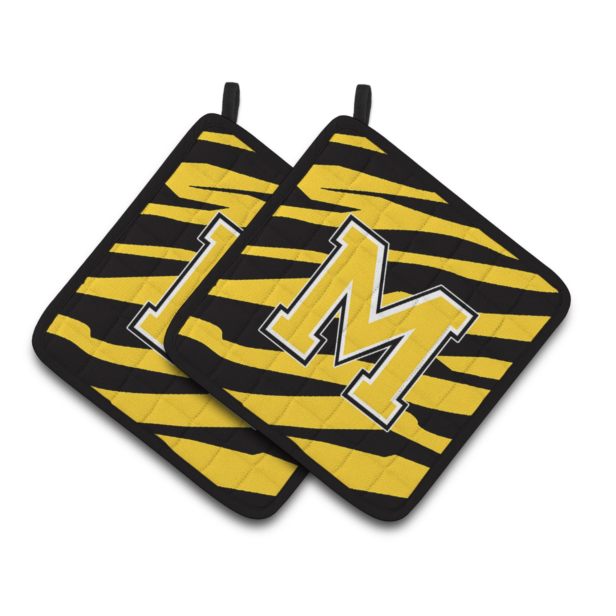 'Caroline'S Treasures Monogram Initial M Tiger Stripe - Black Gold Pair Of Pot Holders Cj1026-Mpthd, 7.5Hx7.5W, Multicolor''