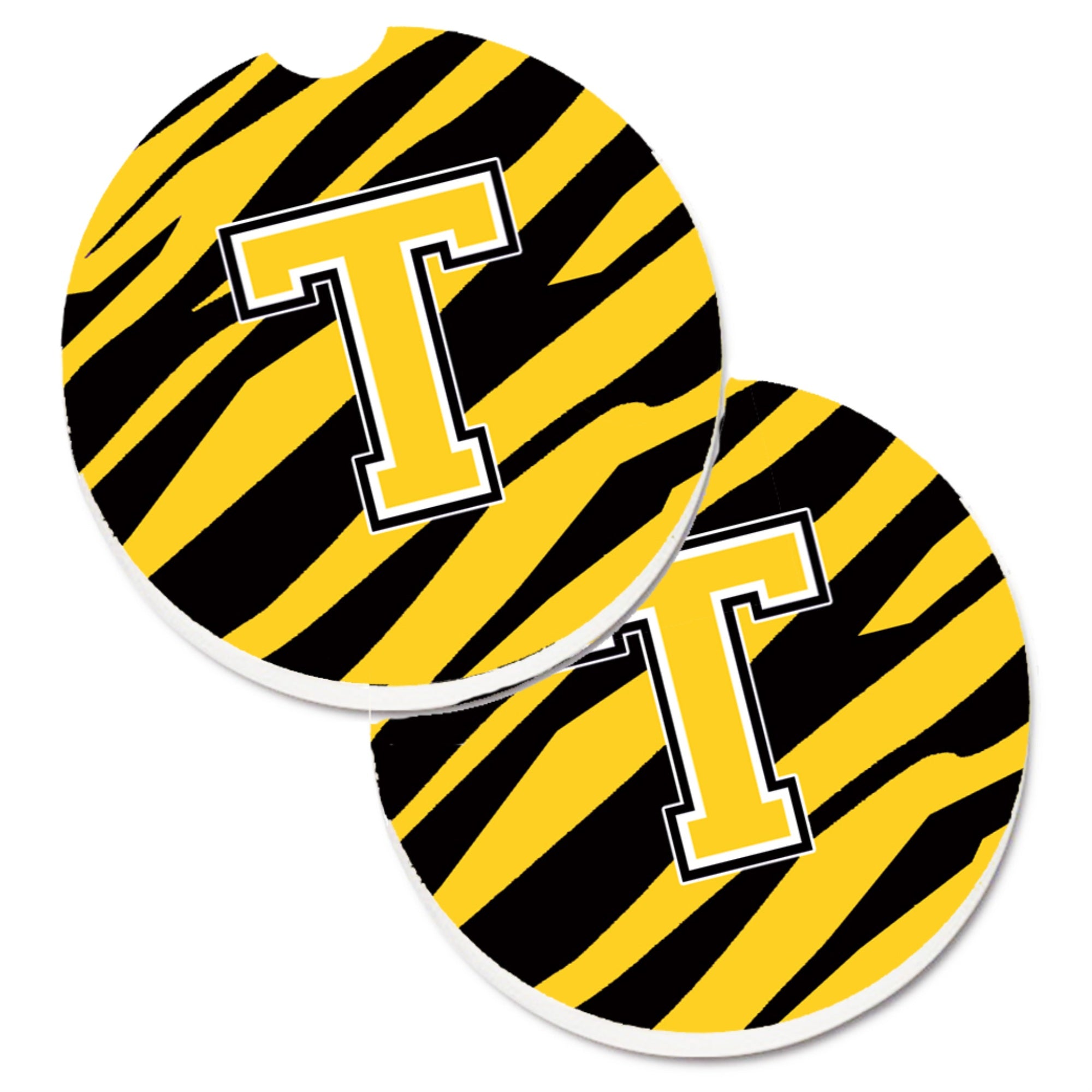 'Caroline'S Treasures Monogram Initial T Tiger Stripe - Black Gold Set Of 2 Cup Holder Car Coasters Cj1026-Tcarc, 2.56, Multico