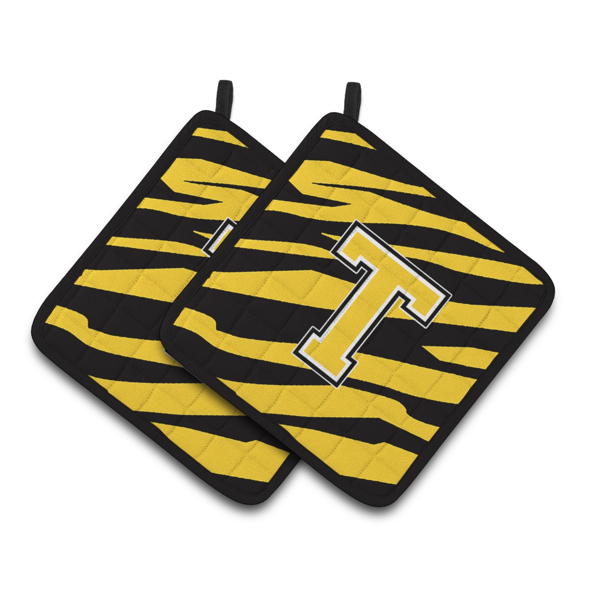 'Caroline'S Treasures Monogram Initial T Tiger Stripe - Black Gold Pair Of Pot Holders Cj1026-Tpthd, 7.5Hx7.5W, Multicolor''