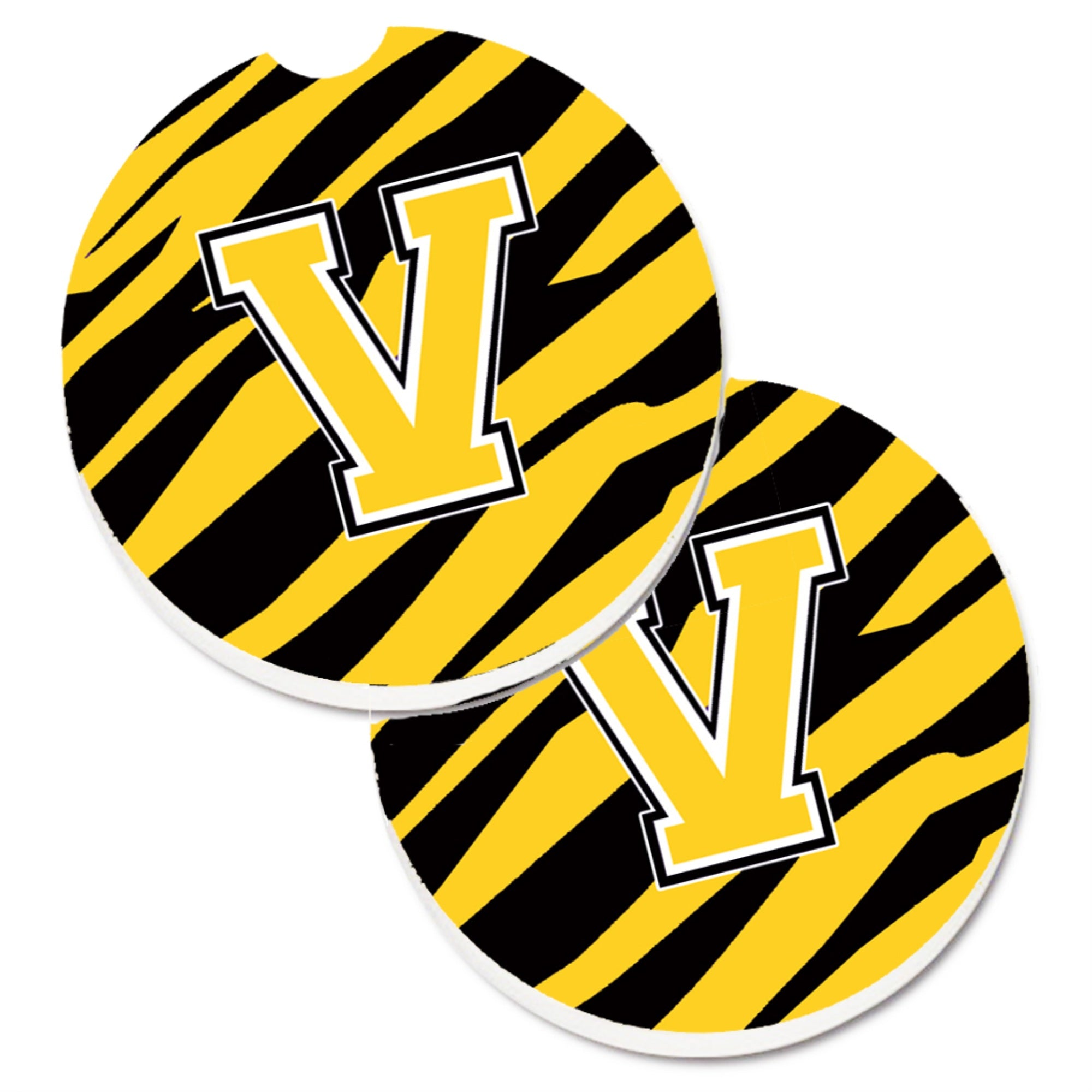 'Caroline'S Treasures Monogram Initial V Tiger Stripe - Black Gold Set Of 2 Cup Holder Car Coasters Cj1026-Vcarc, 2.56, Multico