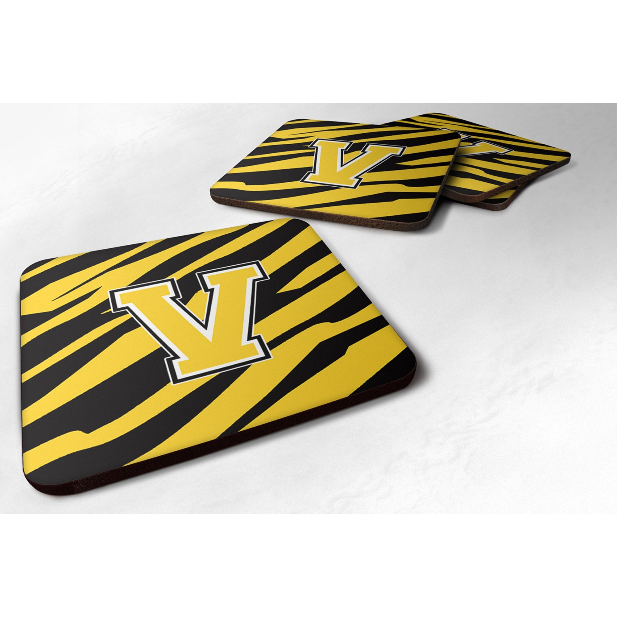 Carolines Treasures CJ1026VFC MonogramTiger StripeBlack Gold Foam Coasters (Set of 4) Initial Letter V 3.5 H x 3.5 W Mul