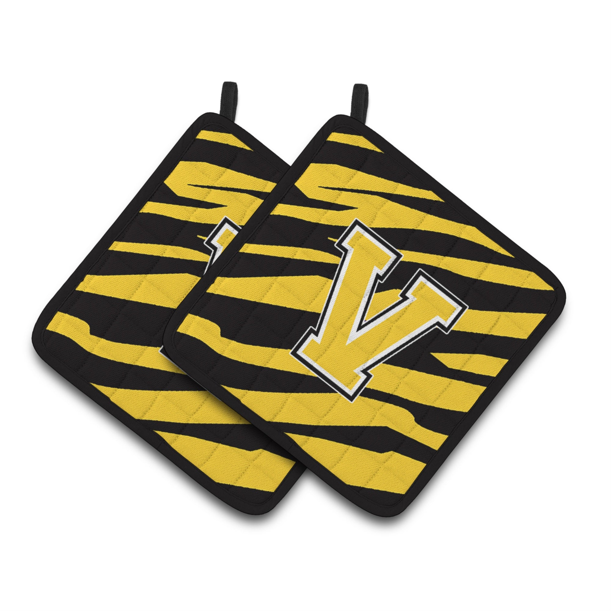 'Caroline'S Treasures Monogram Initial V Tiger Stripe - Black Gold Pair Of Pot Holders Cj1026-Vpthd, 7.5Hx7.5W, Multicolor''