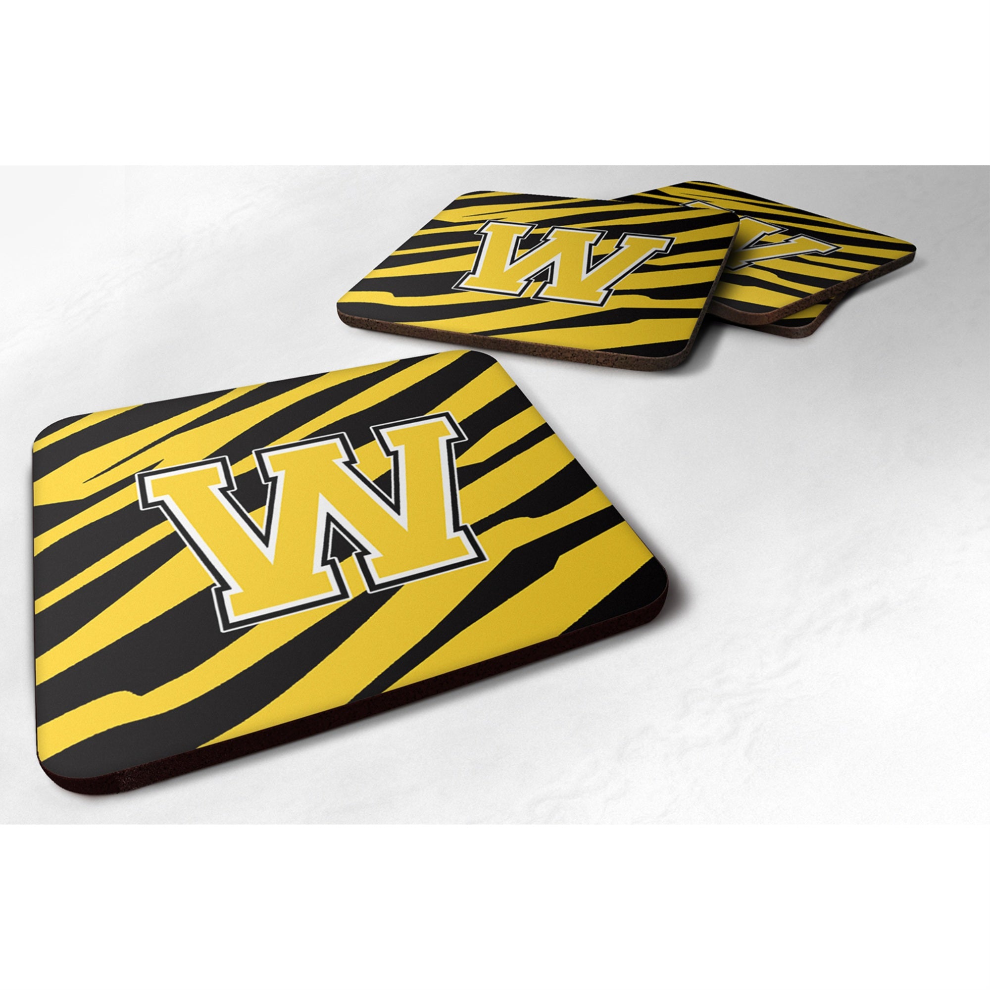 'Caroline'S Treasures Cj1026-Wfc Monogram-Tiger Stripe-Black Gold Foam Coasters (Set Of 4), Initial Letter W, 3.5'''' H X 3.5''