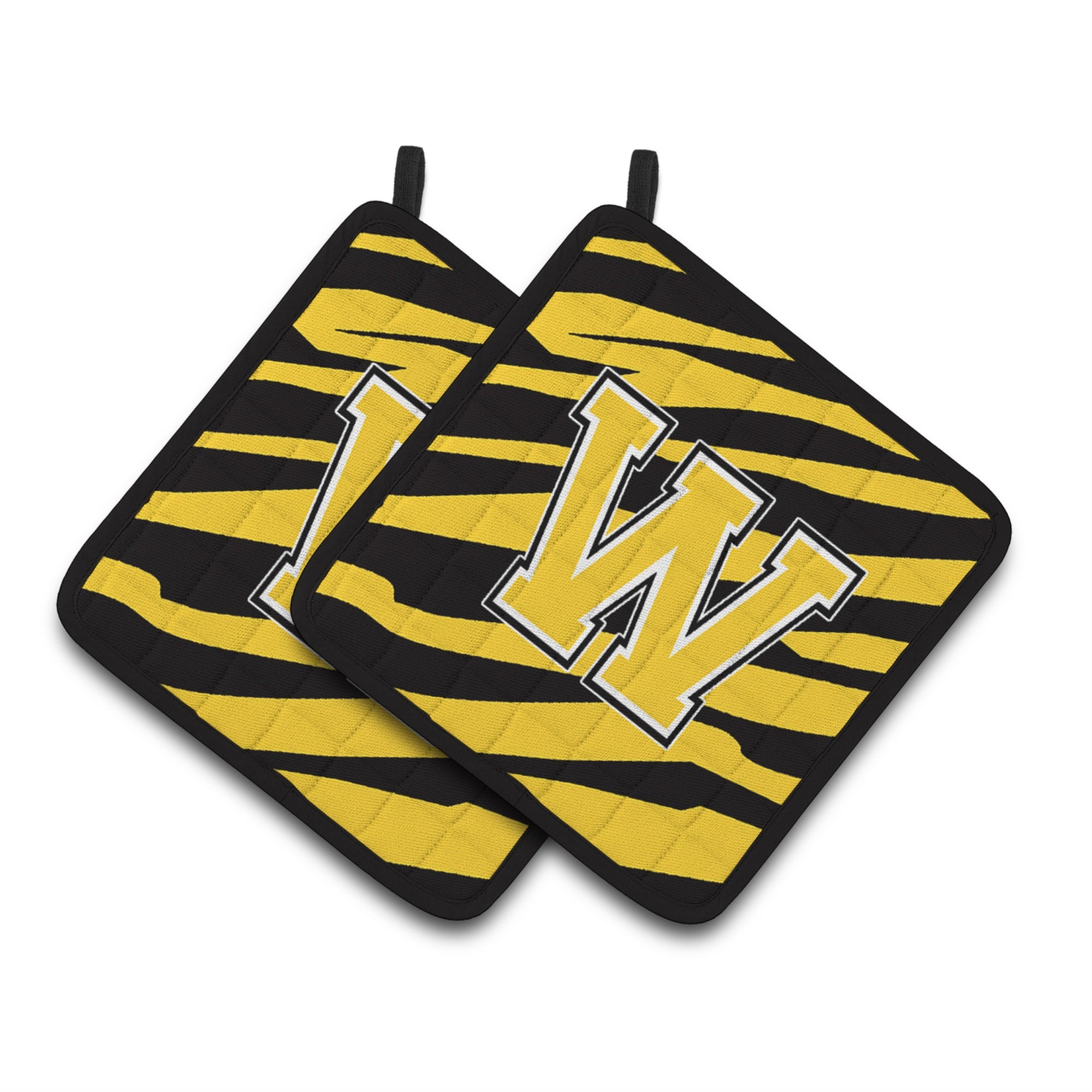 'Caroline'S Treasures Monogram Initial W Tiger Stripe - Black Gold Pair Of Pot Holders Cj1026-Wpthd, 7.5Hx7.5W, Multicolor''