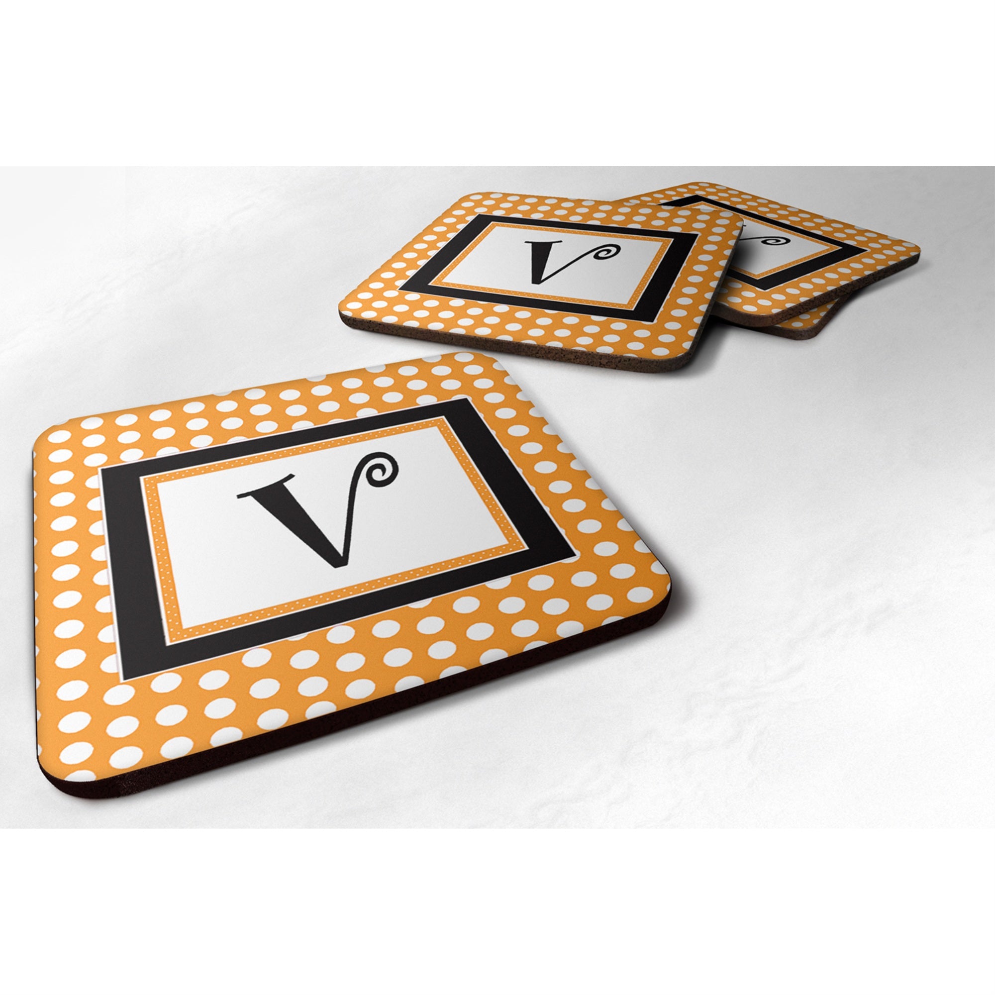 'Caroline'S Treasures Cj1033-Vfc Monogram-Orange Polkadots Foam Coasters (Set Of 4), Initial Letter V, 3.5'''' H X 3.5'''' W, M