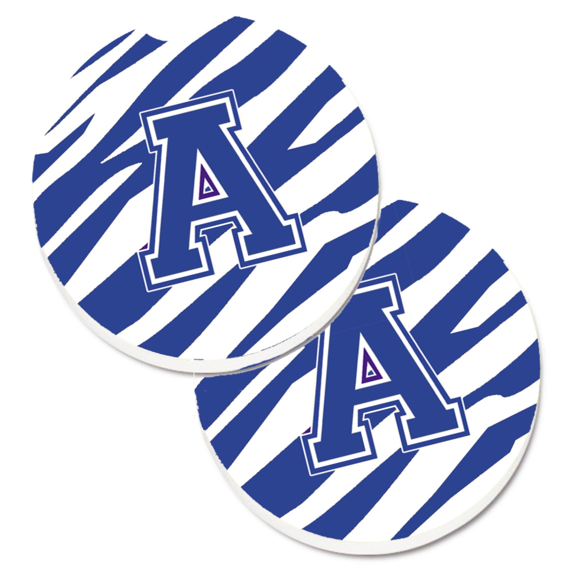 'Caroline'S Treasures Letter A Monogram - Blue White Tiger Stripe Set Of 2 Cup Holder Car Coasters Cj1034-Acarc, 2.56, Multicol