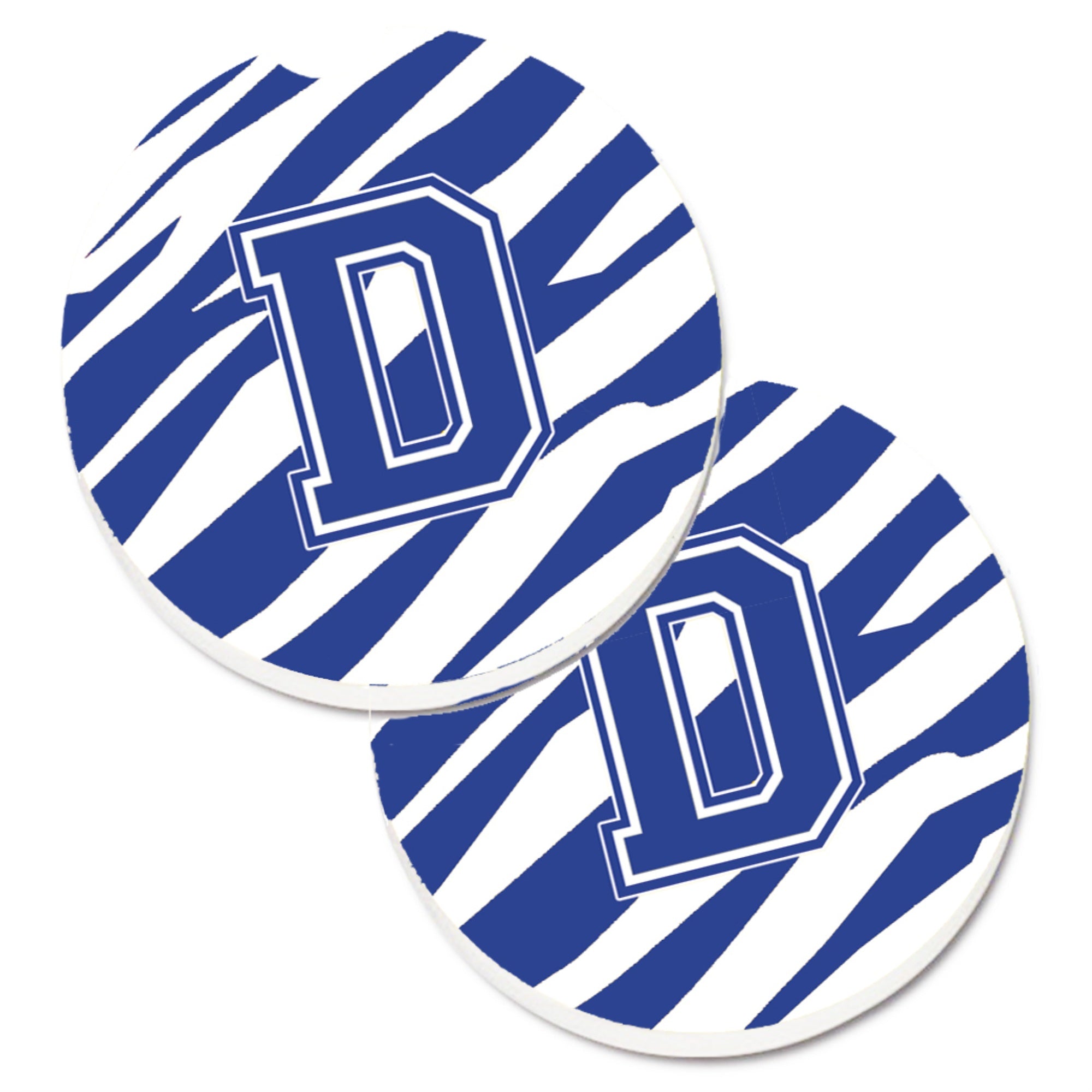 'Caroline'S Treasures Monogram Initial D Tiger Stripe Blue & White Set Of 2 Cup Holder Car Coasters Cj1034-Dcarc, 2.56, Multico