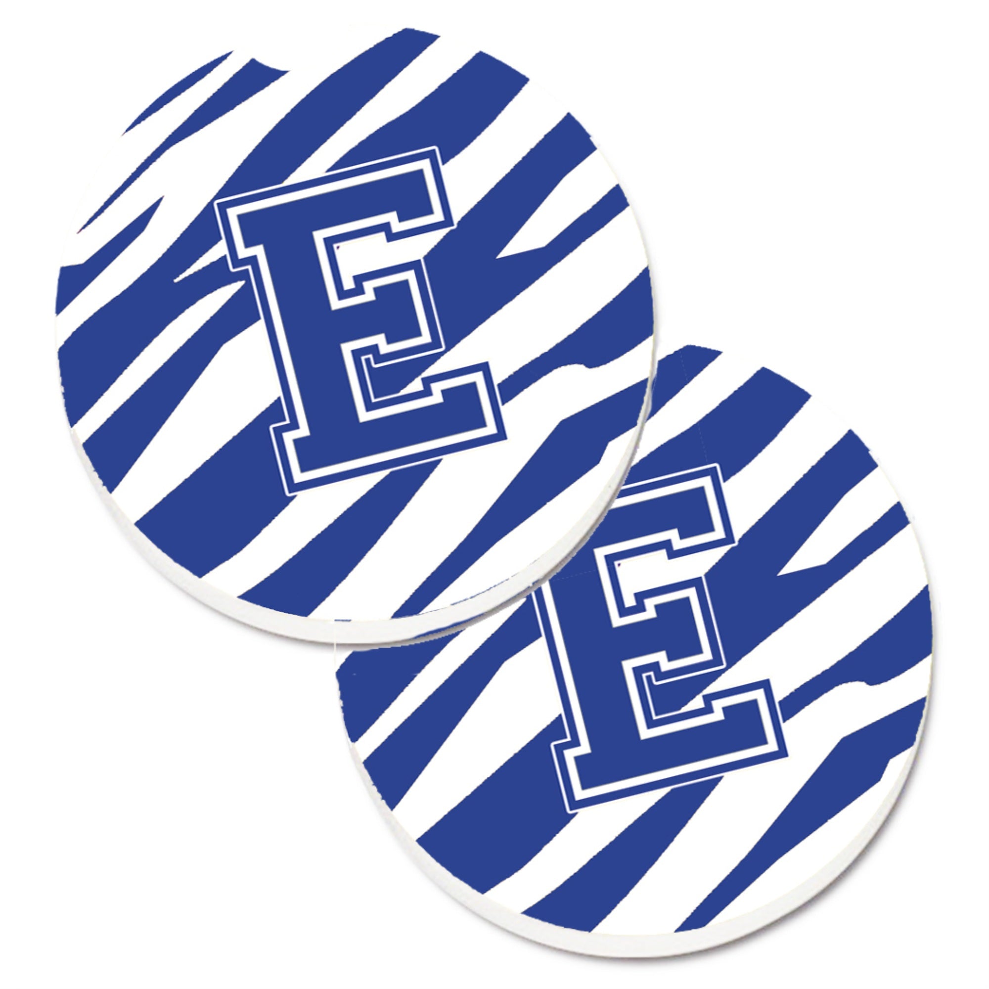 'Caroline'S Treasures Monogram Initial E Tiger Stripe Blue & White Set Of 2 Cup Holder Car Coasters Cj1034-Ecarc, 2.56, Multico