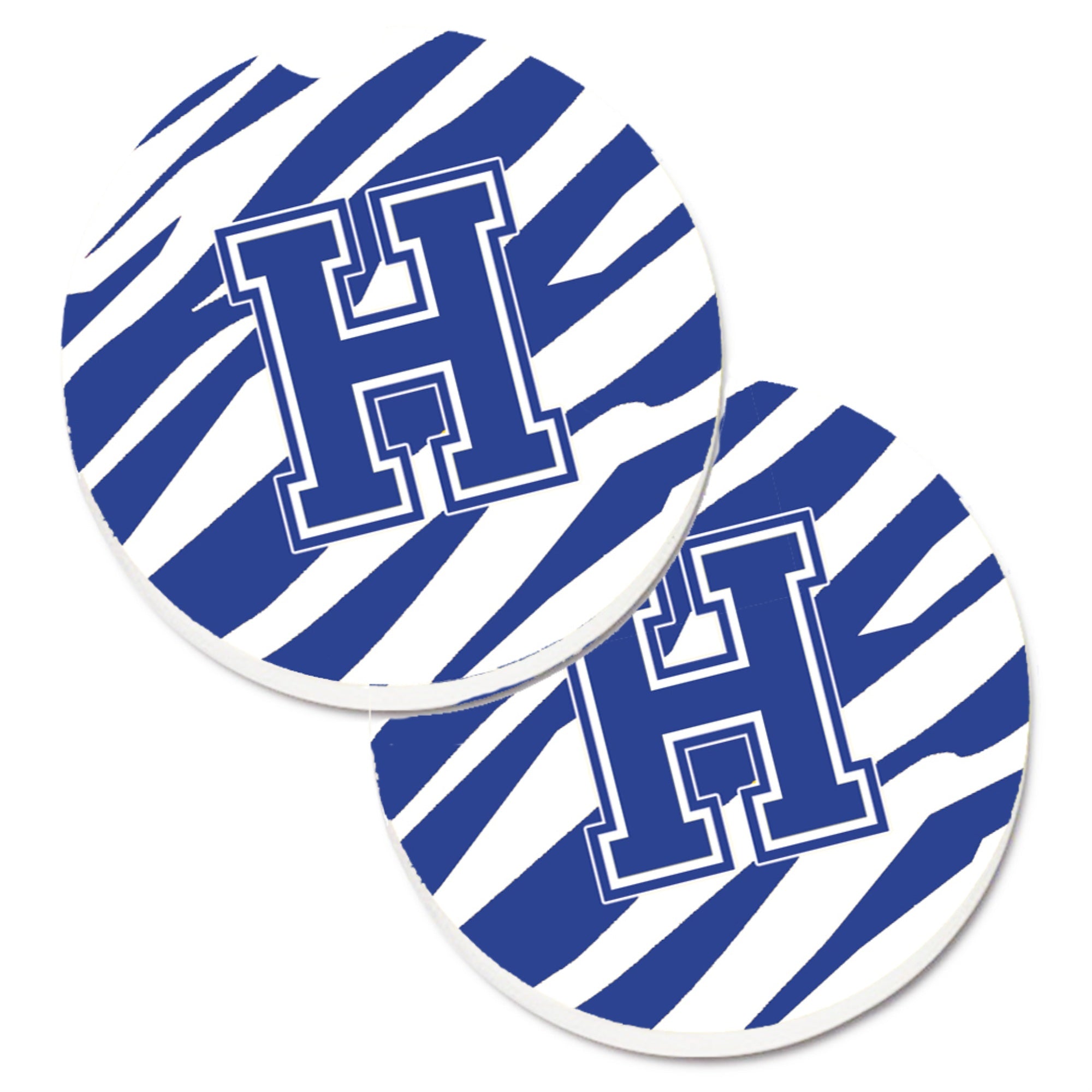 'Caroline'S Treasures Monogram Initial H Tiger Stripe Blue & White Set Of 2 Cup Holder Car Coasters Cj1034-Hcarc, 2.56, Multico
