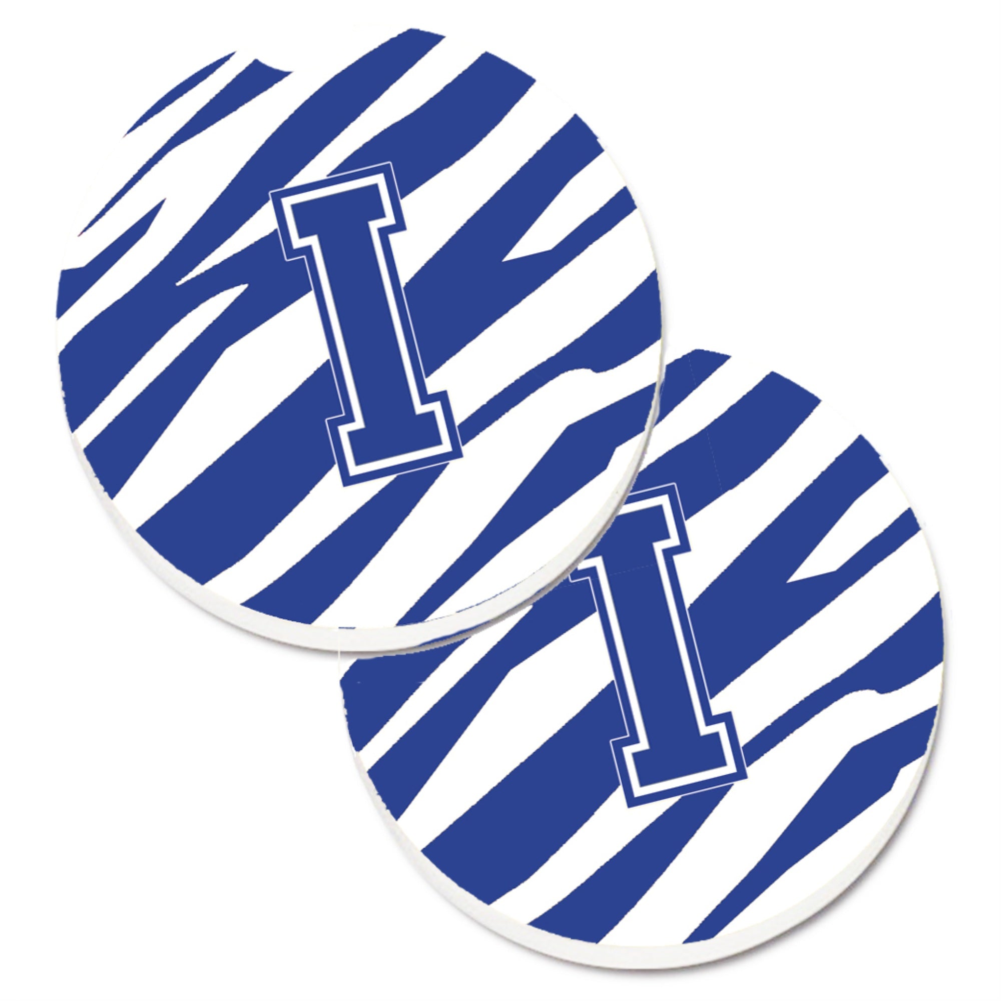 'Caroline'S Treasures Monogram Initial I Tiger Stripe Blue & White Set Of 2 Cup Holder Car Coasters Cj1034-Icarc, 2.56, Multico