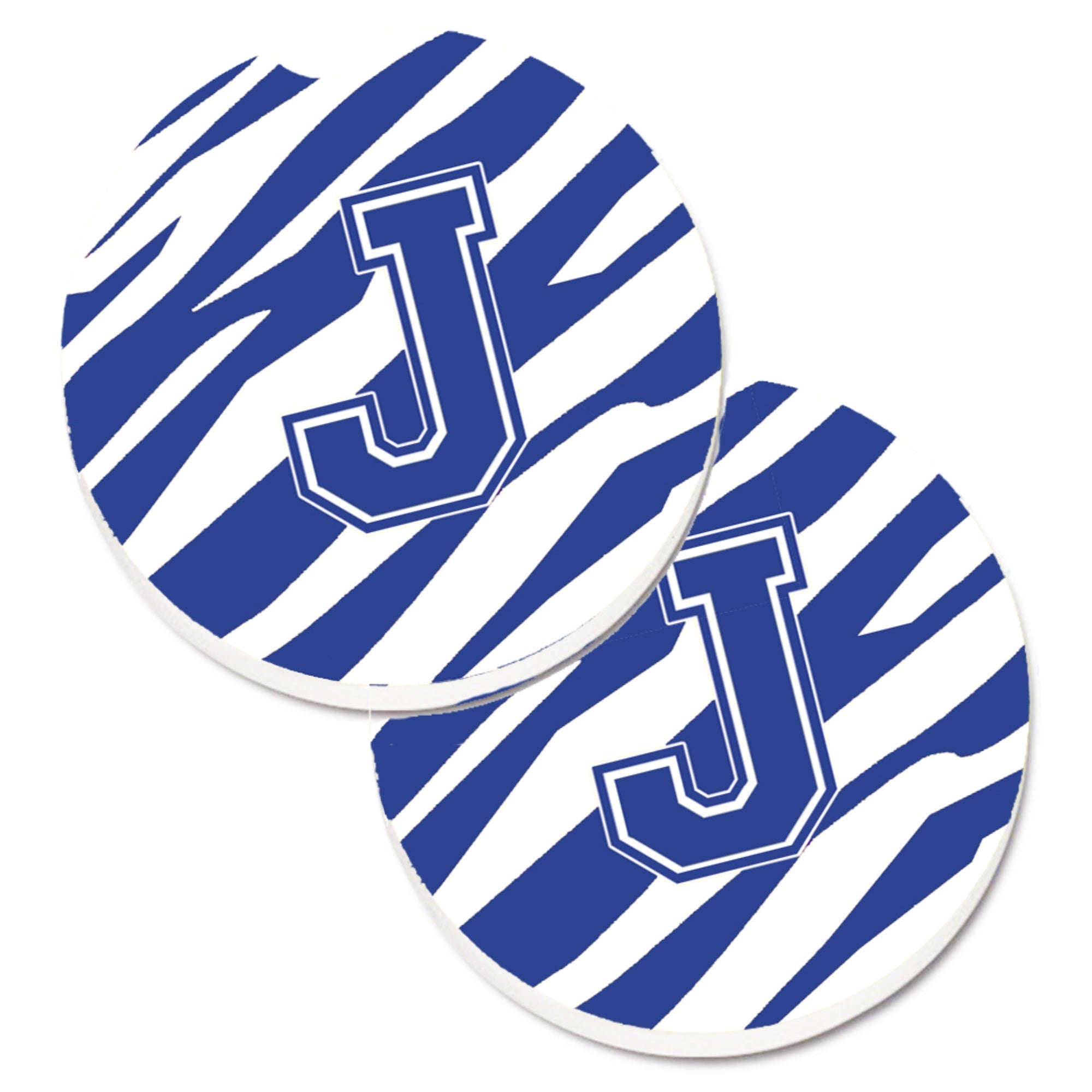 'Caroline'S Treasures Monogram Initial J Tiger Stripe Blue & White Set Of 2 Cup Holder Car Coasters Cj1034-Jcarc, 2.56, Multico