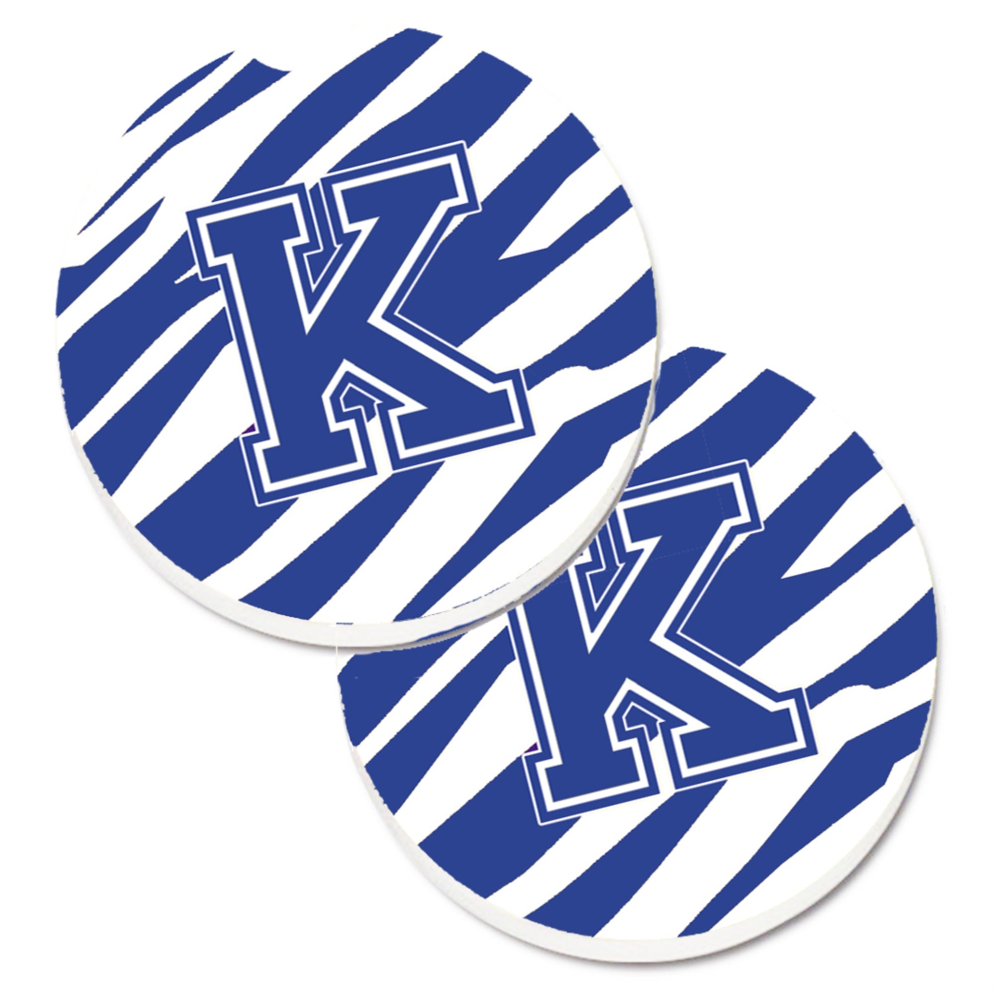 'Caroline'S Treasures Monogram Initial K Tiger Stripe Blue & White Set Of 2 Cup Holder Car Coasters Cj1034-Kcarc, 2.56, Multico
