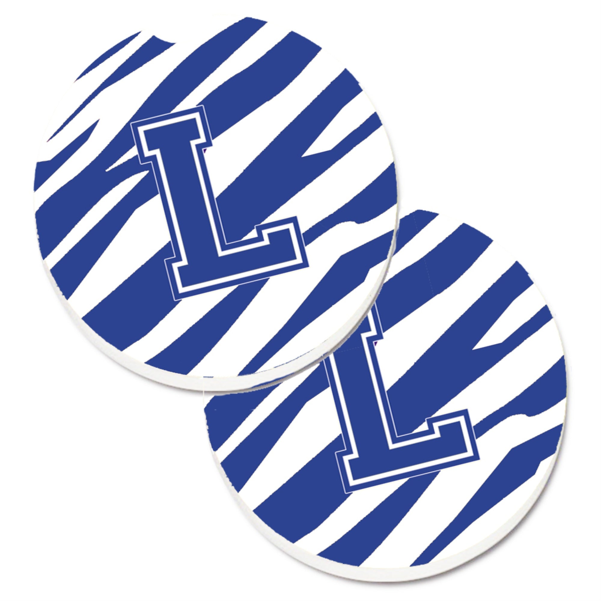 'Caroline'S Treasures Monogram Initial L Tiger Stripe Blue & White Set Of 2 Cup Holder Car Coasters Cj1034-Lcarc, 2.56, Multico