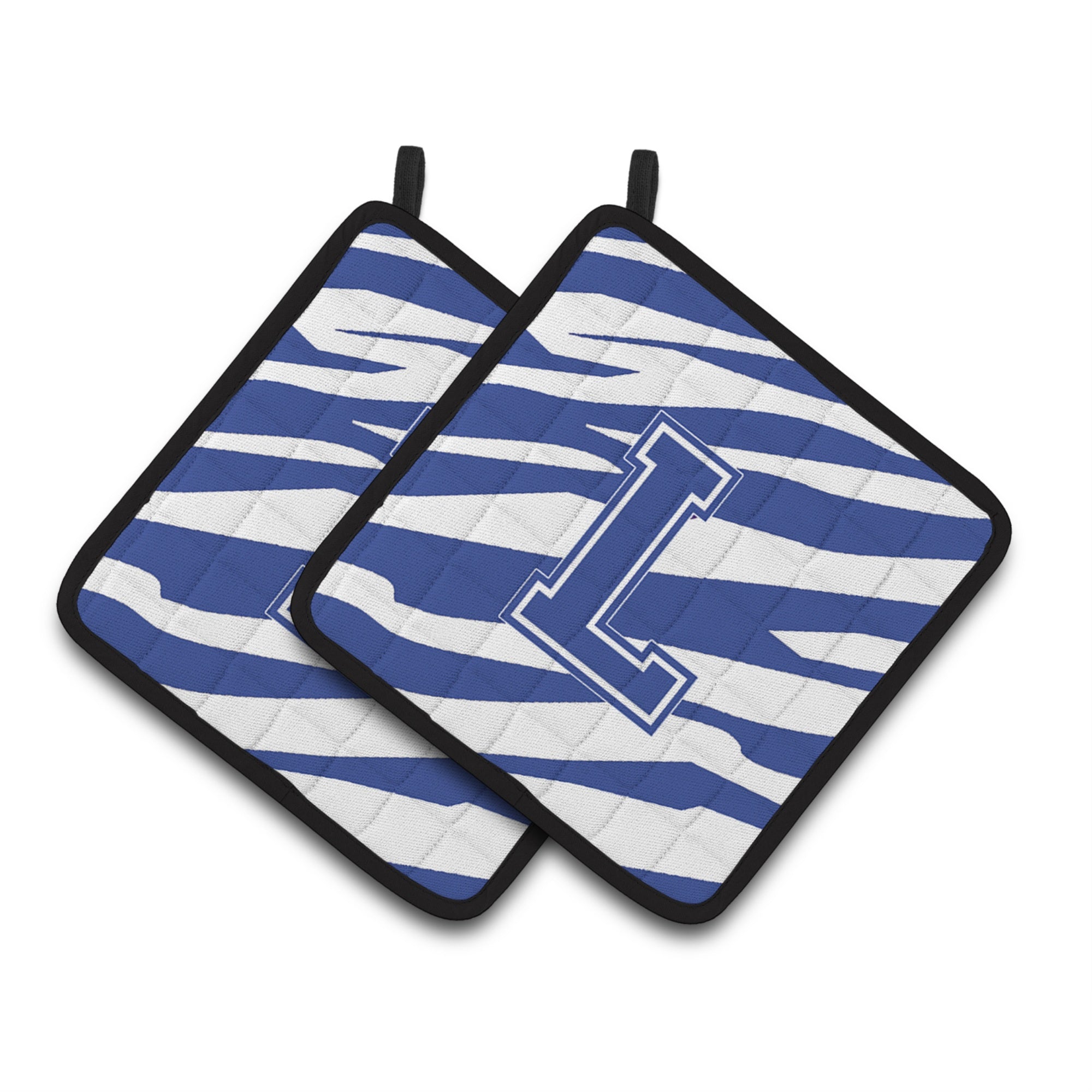 'Caroline'S Treasures Monogram Initial L Tiger Stripe Blue & White Pair Of Pot Holders Cj1034-Lpthd, 7.5Hx7.5W, Multicolor''