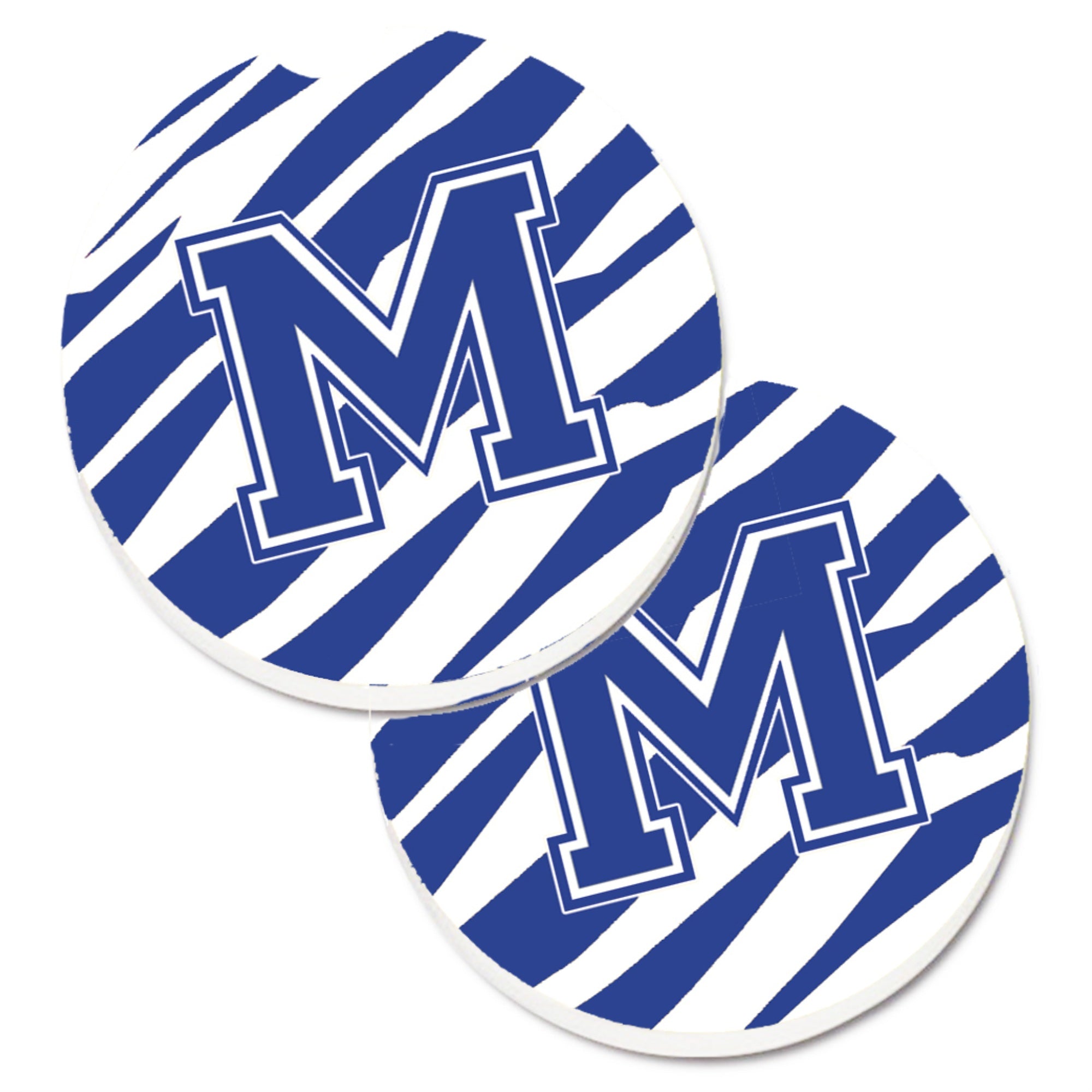 'Caroline'S Treasures Monogram Initial M Tiger Stripe Blue & White Set Of 2 Cup Holder Car Coasters Cj1034-Mcarc, 2.56, Multico