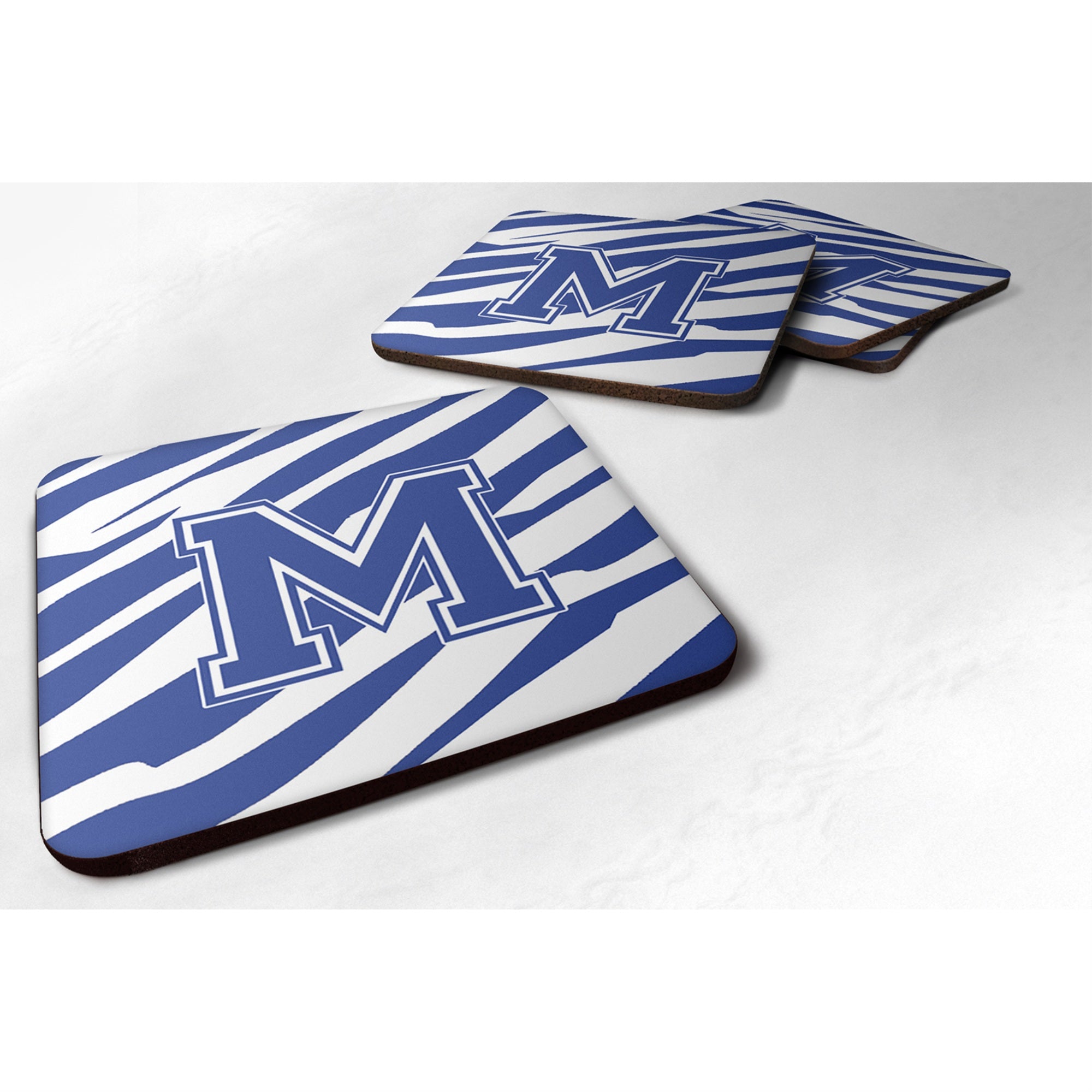 'Caroline'S Treasures Cj1034-Mfc Monogram-Tiger Stripe Blue And White Foam Coasters (Set Of 4), Initial Letter M, 3.5'''' H X 3