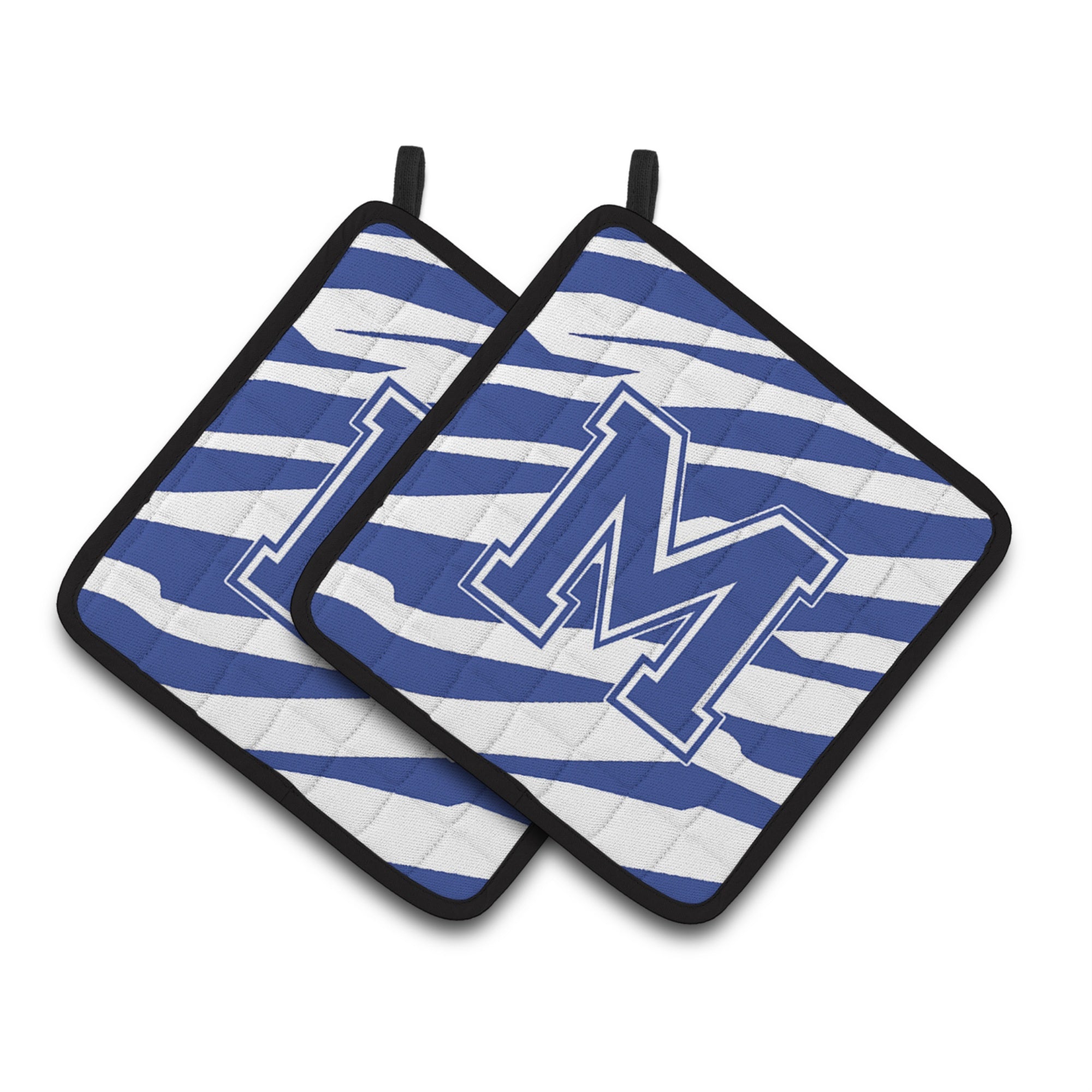 'Caroline'S Treasures Monogram Initial M Tiger Stripe Blue & White Pair Of Pot Holders Cj1034-Mpthd, 7.5Hx7.5W, Multicolor''