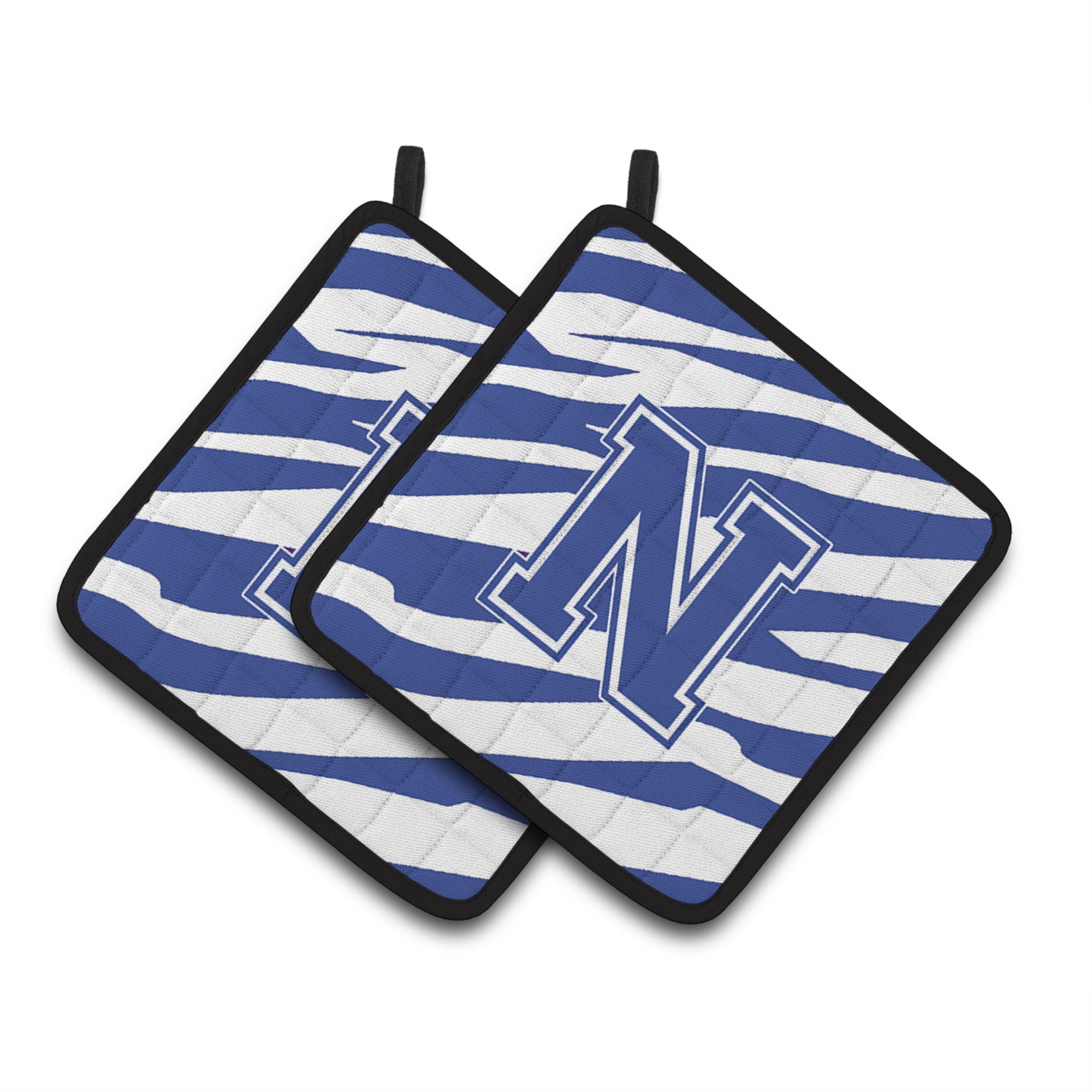 'Caroline'S Treasures Monogram Initial N Tiger Stripe Blue & White Pair Of Pot Holders Cj1034-Npthd, 7.5Hx7.5W, Multicolor''