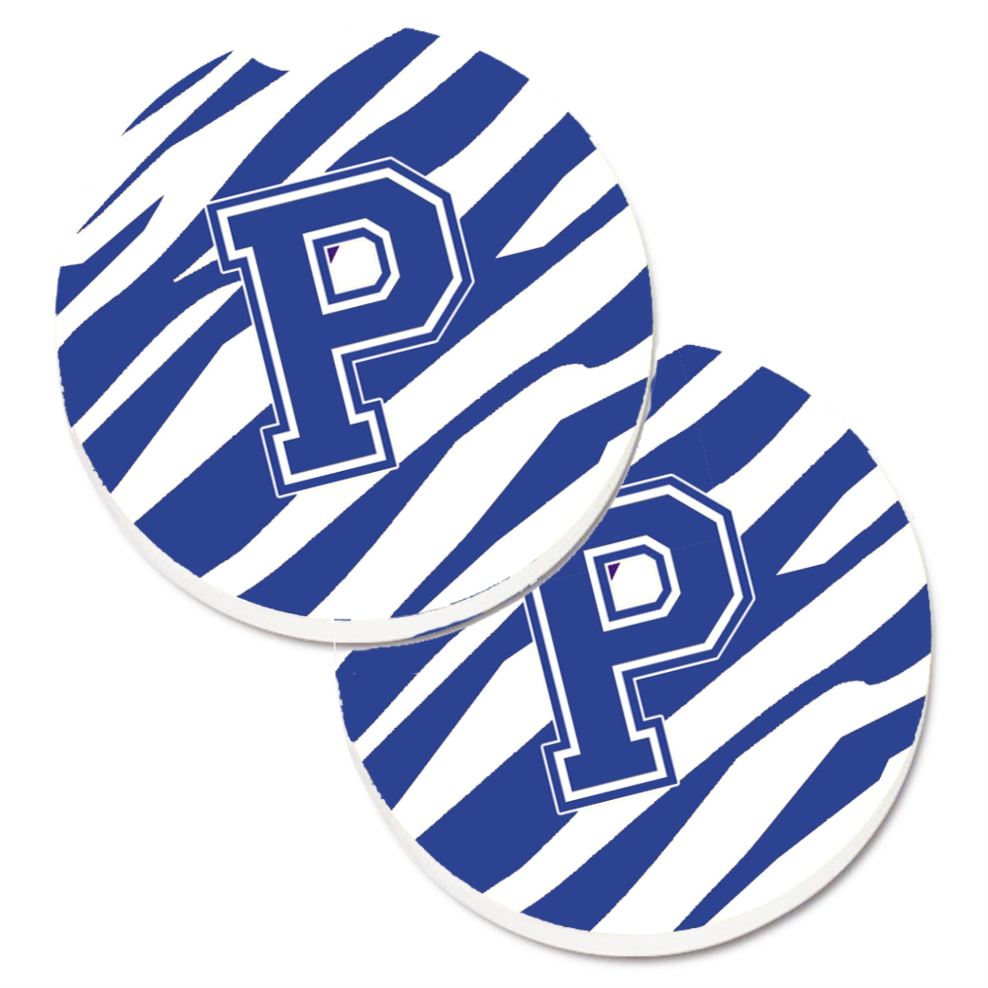 'Caroline'S Treasures Monogram Initial P Tiger Stripe Blue & White Set Of 2 Cup Holder Car Coasters Cj1034-Pcarc, 2.56, Multico