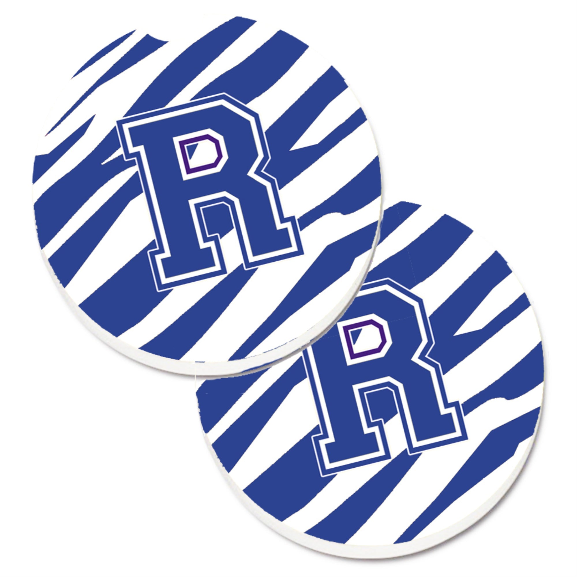 'Caroline'S Treasures Monogram Initial R Tiger Stripe Blue & White Set Of 2 Cup Holder Car Coasters Cj1034-Rcarc, 2.56, Multico