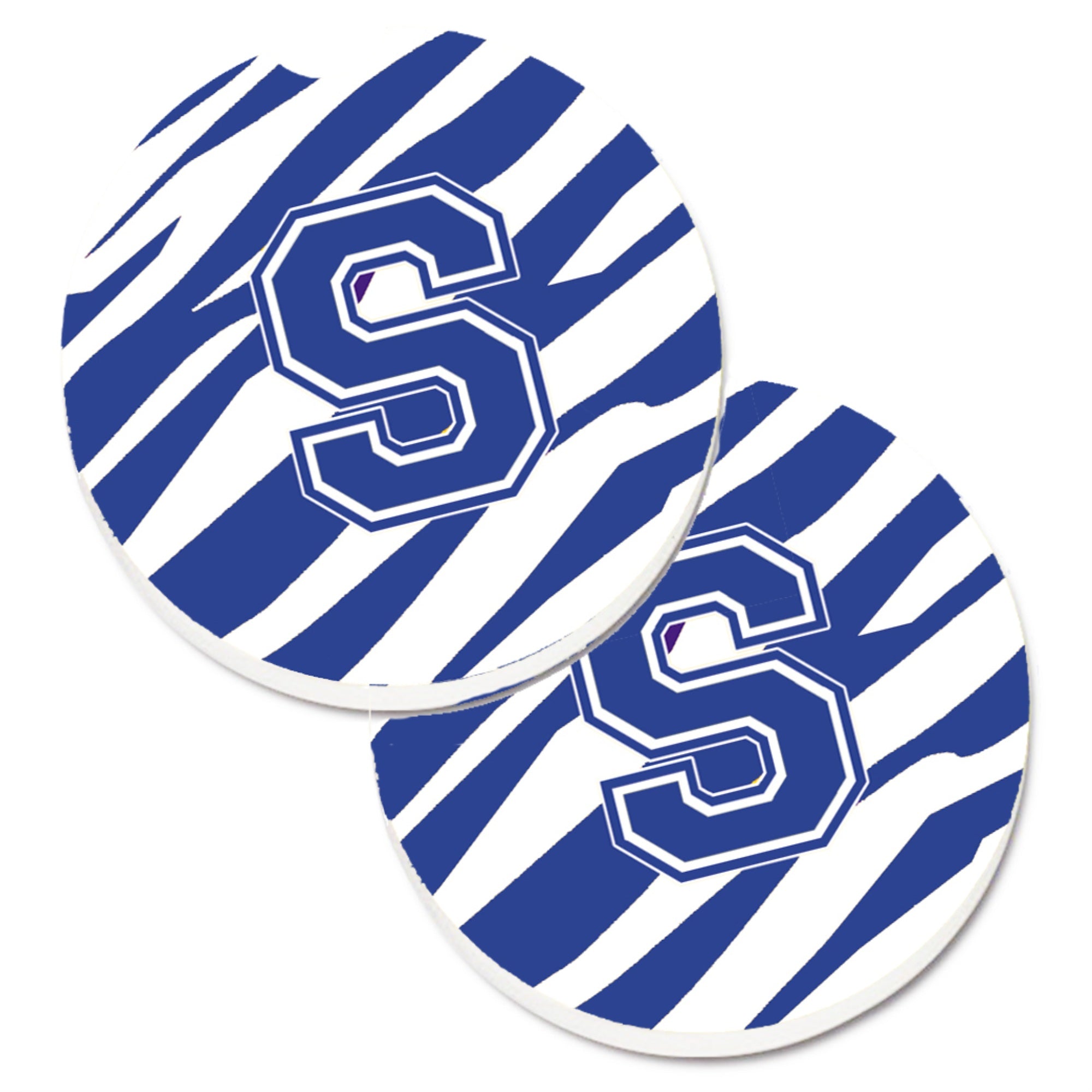 'Caroline'S Treasures Monogram Initial S Tiger Stripe Blue & White Set Of 2 Cup Holder Car Coasters Cj1034-Scarc, 2.56, Multico
