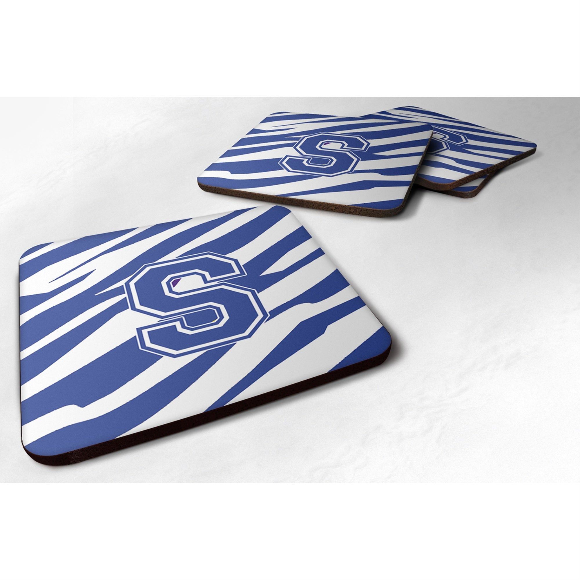 Carolines Treasures CJ1034SFC MonogramTiger Stripe Blue and White Foam Coasters (Set of 4) Initial Letter S 3.5 H x 3.5 W