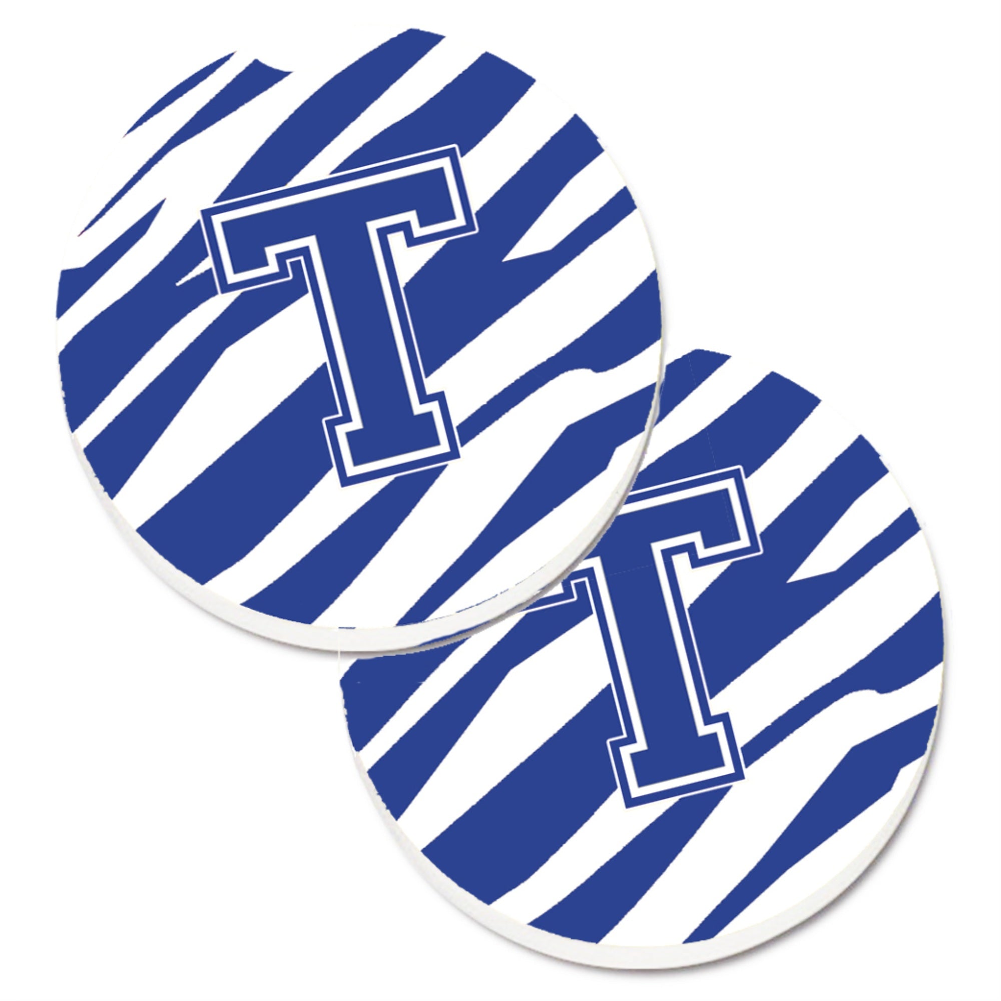 'Caroline'S Treasures Monogram Initial T Tiger Stripe Blue & White Set Of 2 Cup Holder Car Coasters Cj1034-Tcarc, 2.56, Multico
