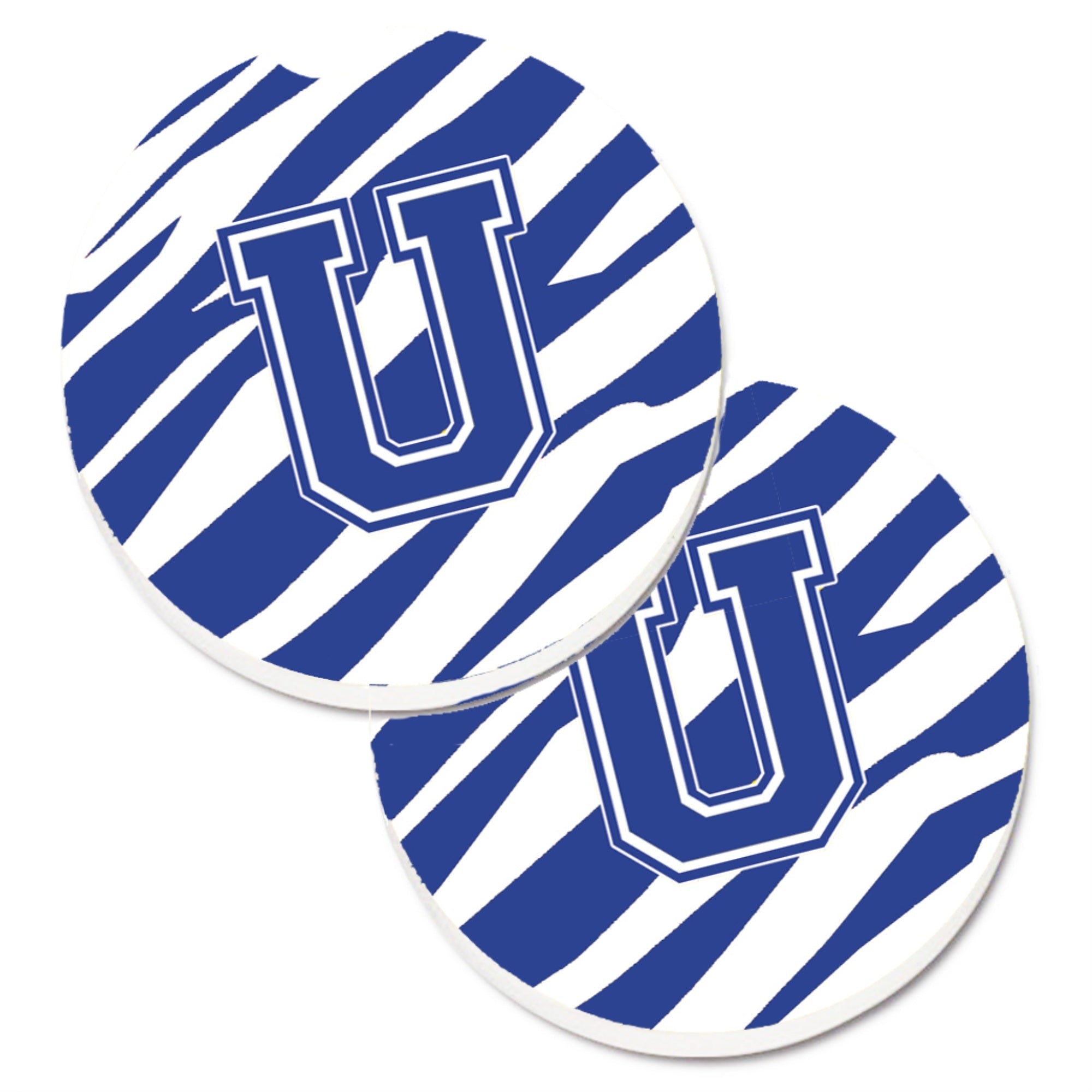 'Caroline'S Treasures Monogram Initial U Tiger Stripe Blue & White Set Of 2 Cup Holder Car Coasters Cj1034-Ucarc, 2.56, Multico