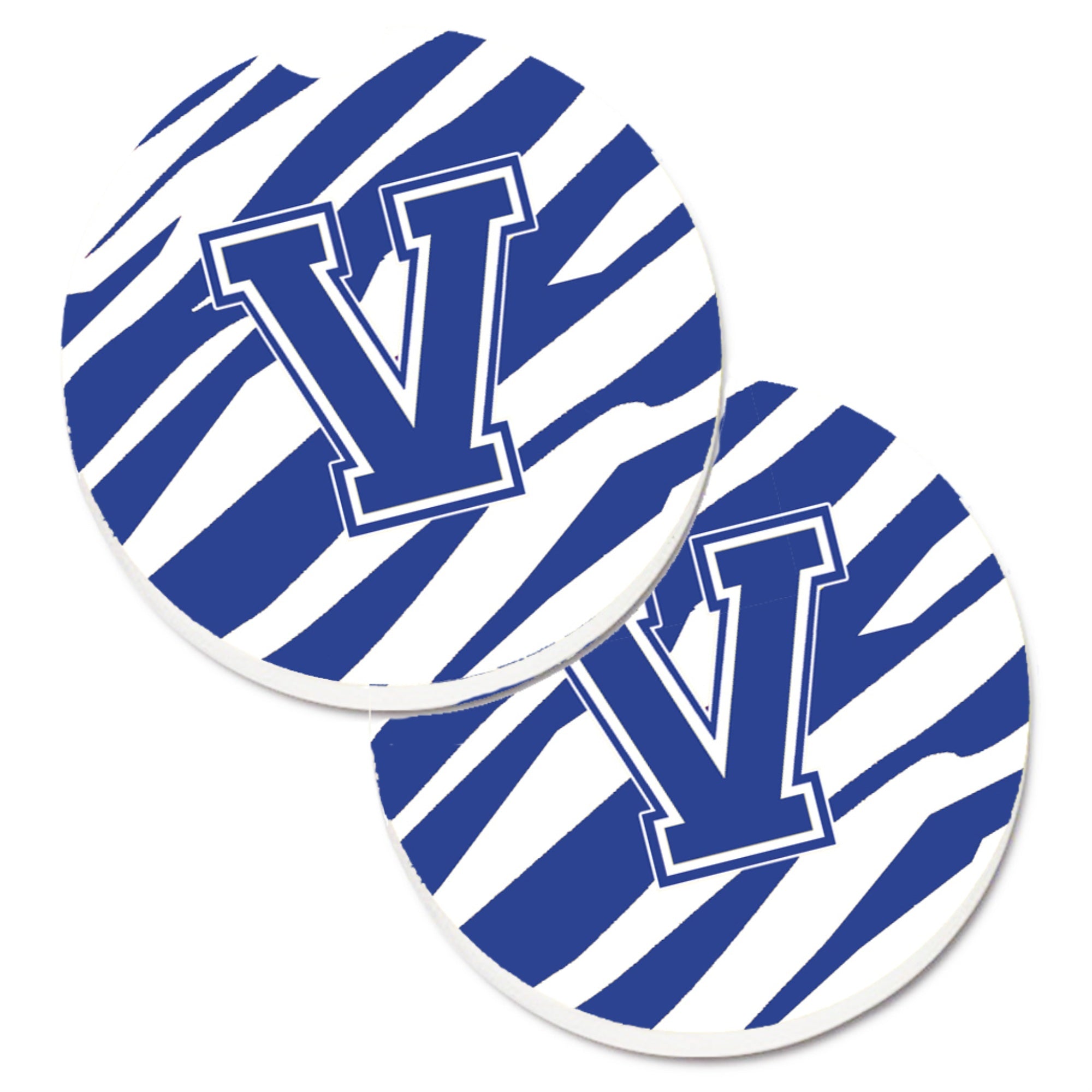 'Caroline'S Treasures Monogram Initial V Tiger Stripe Blue & White Set Of 2 Cup Holder Car Coasters Cj1034-Vcarc, 2.56, Multico