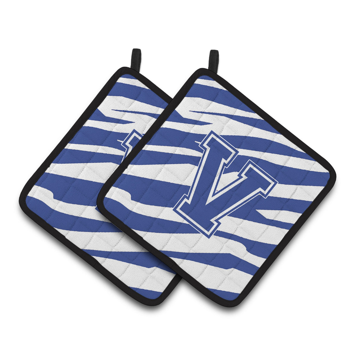 'Caroline'S Treasures Monogram Initial V Tiger Stripe Blue & White Pair Of Pot Holders Cj1034-Vpthd, 7.5Hx7.5W, Multicolor''