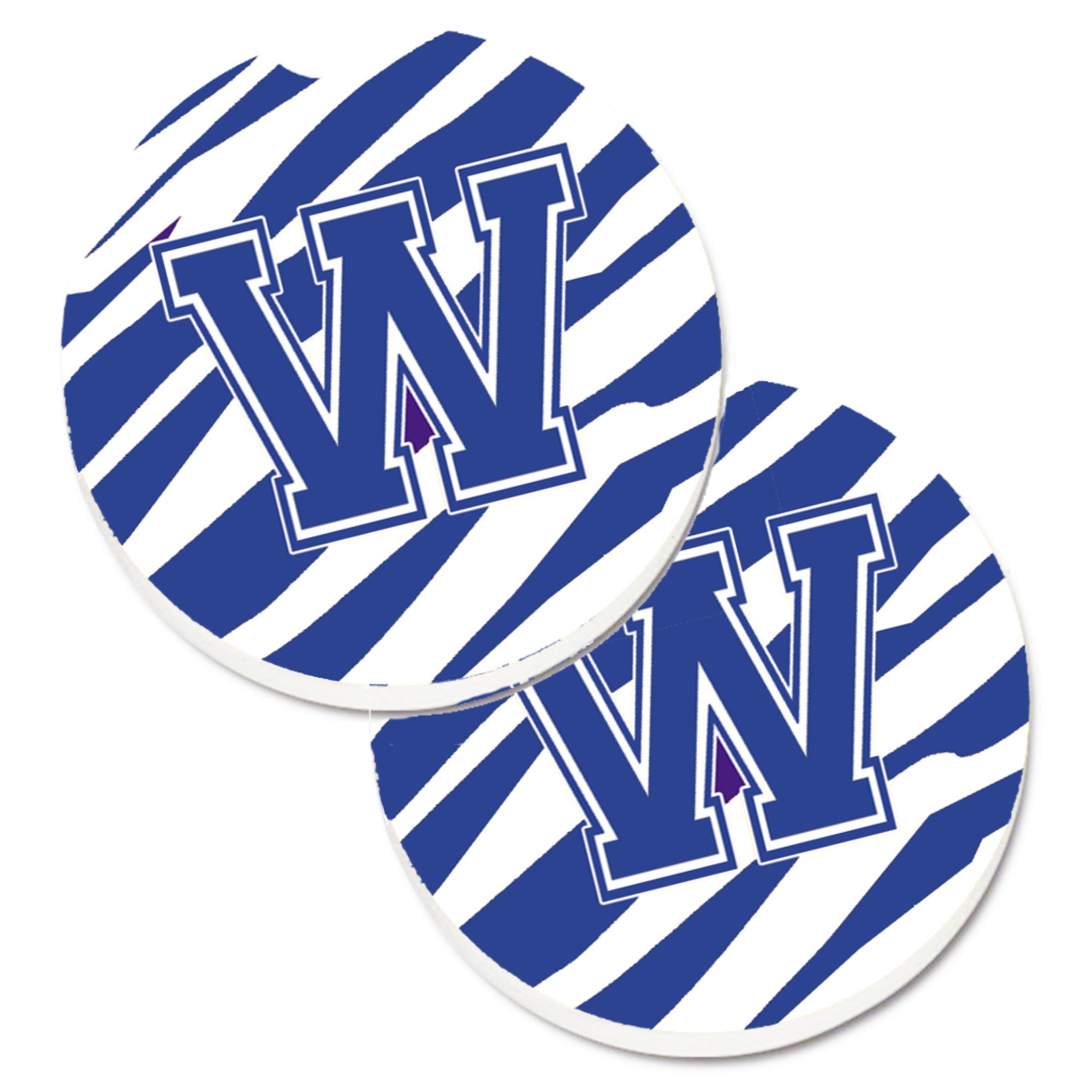 'Caroline'S Treasures Monogram Initial W Tiger Stripe Blue & White Set Of 2 Cup Holder Car Coasters Cj1034-Wcarc, 2.56, Multico