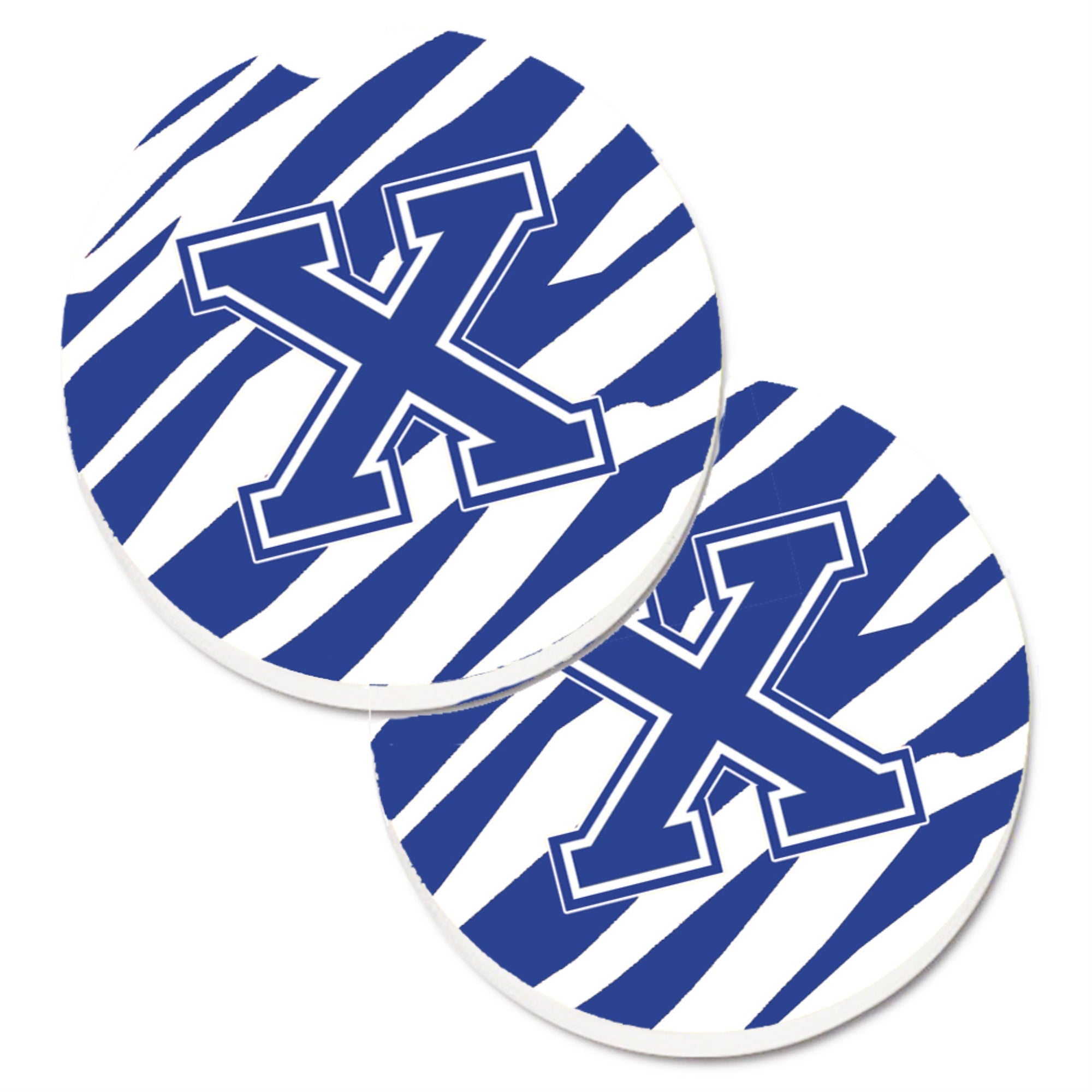 'Caroline'S Treasures Monogram Initial X Tiger Stripe Blue & White Set Of 2 Cup Holder Car Coasters Cj1034-Xcarc, 2.56, Multico