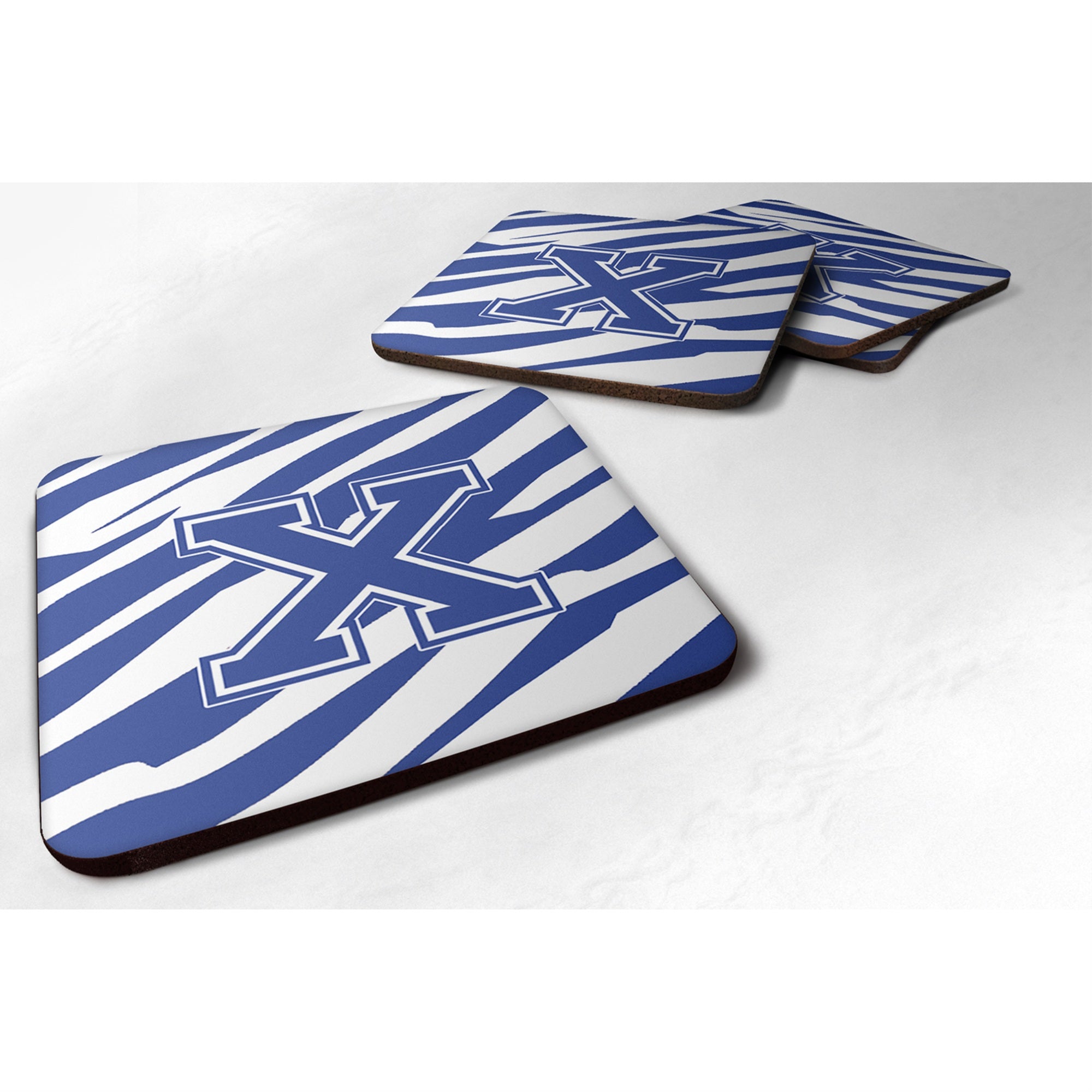 Carolines Treasures CJ1034XFC MonogramTiger Stripe Blue and White Foam Coasters (Set of 4) Initial Letter X 3.5 H x 3.5 W