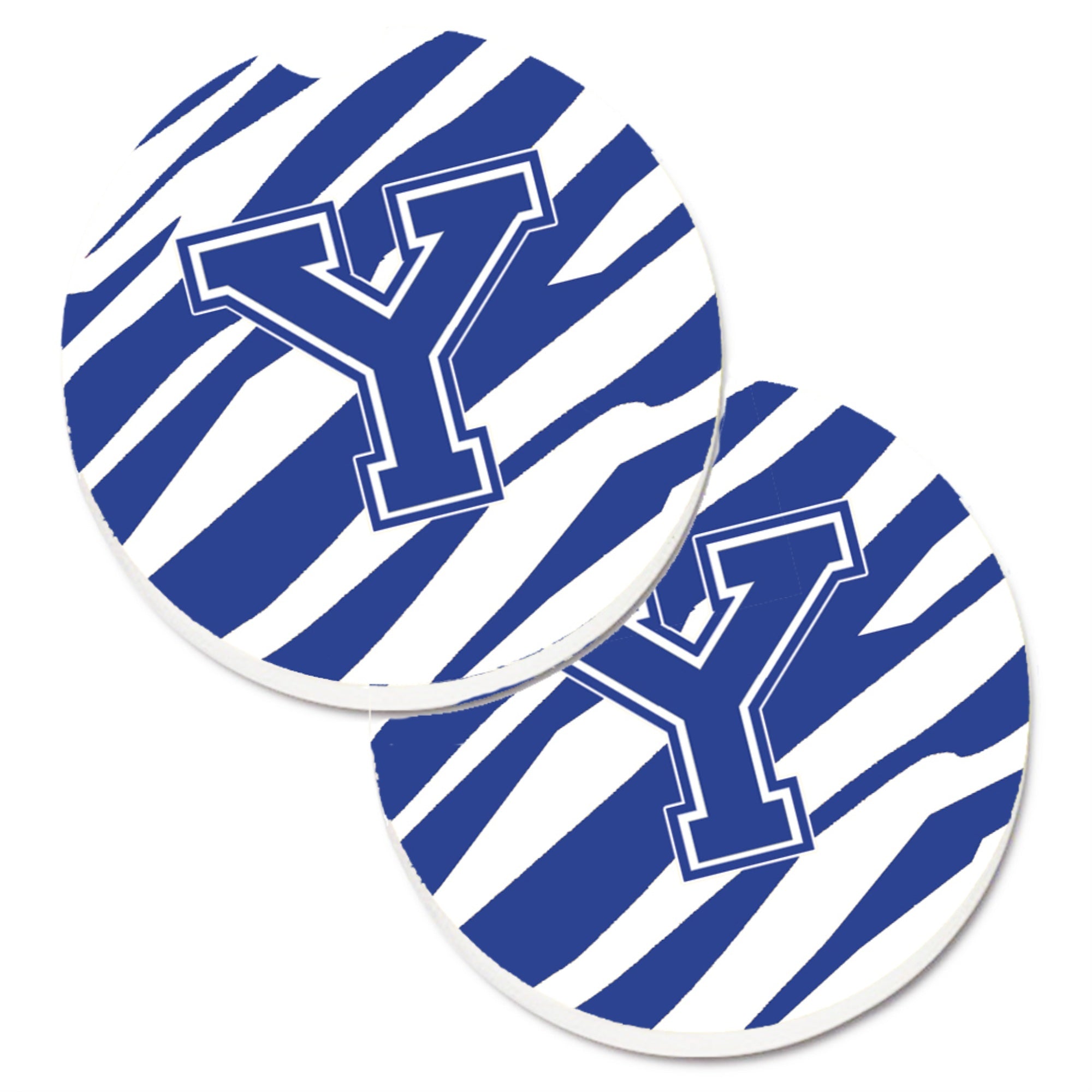 'Caroline'S Treasures Monogram Initial Y Tiger Stripe Blue & White Set Of 2 Cup Holder Car Coasters Cj1034-Ycarc, 2.56, Multico