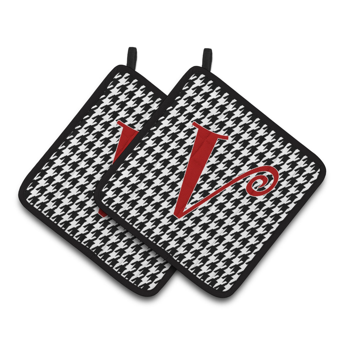 'Caroline'S Treasures Monogram Initial V Houndstooth Black Pair Of Pot Holders Cj1035-Vpthd, 7.5Hx7.5W, Multicolor''