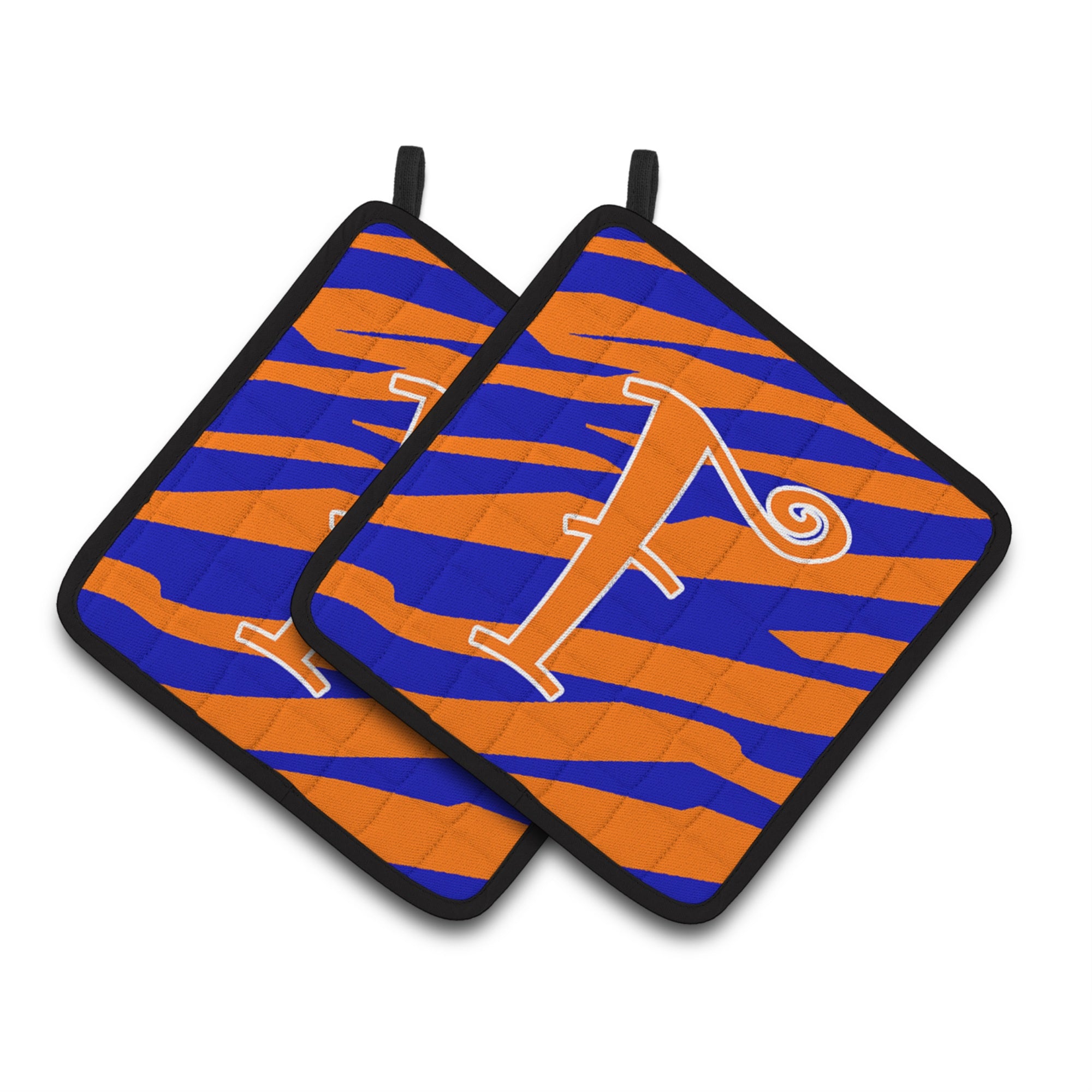 'Caroline'S Treasures Monogram Initial F Tiger Stripe Blue & Orange Pair Of Pot Holders Cj1036-Fpthd, 7.5Hx7.5W, Multicolor''