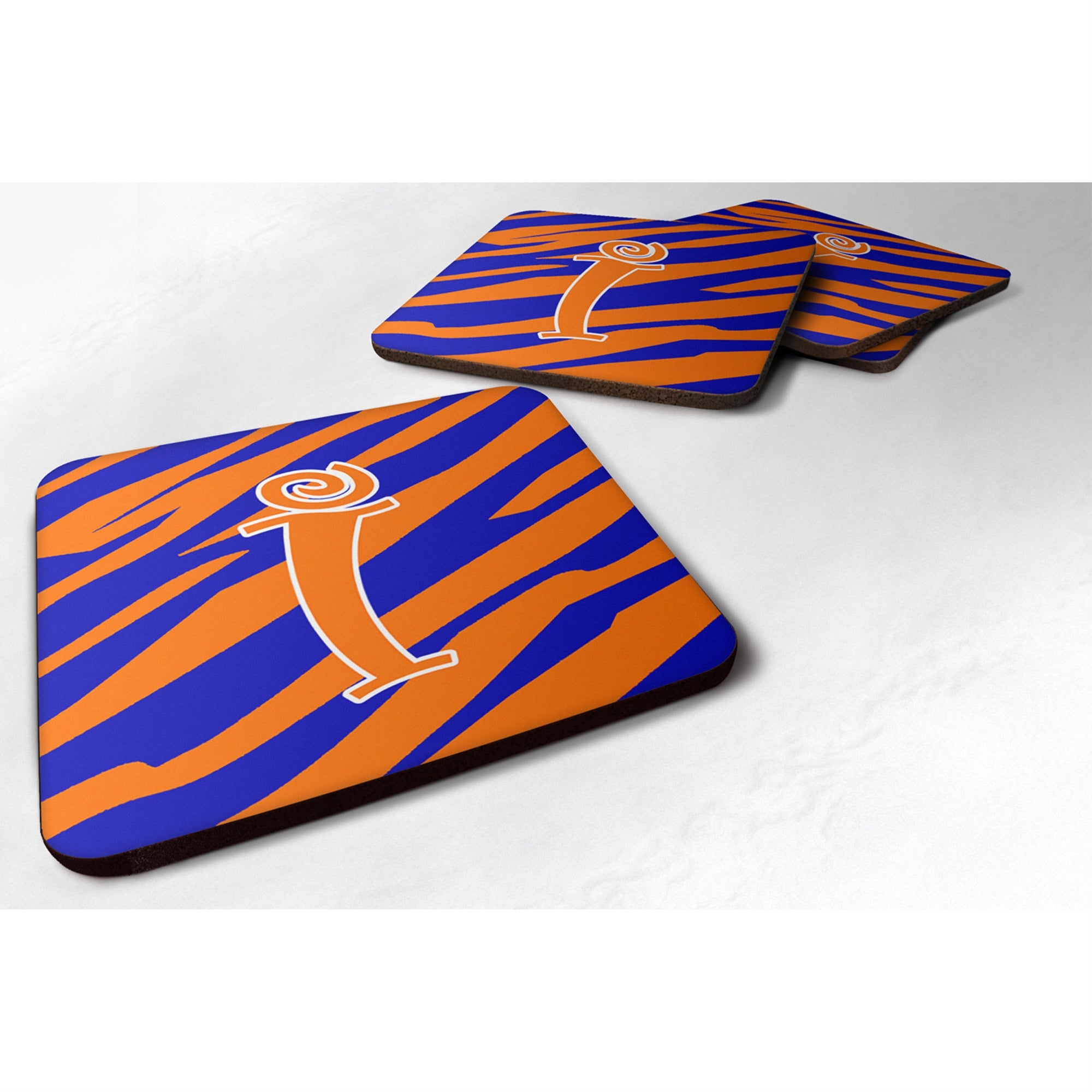 'Caroline'S Treasures Cj1036-Ifc Monogram-Tiger Stripe Blue And Orange Foam Coasters (Set Of 4), Initial Letter I, 3.5'''' H X