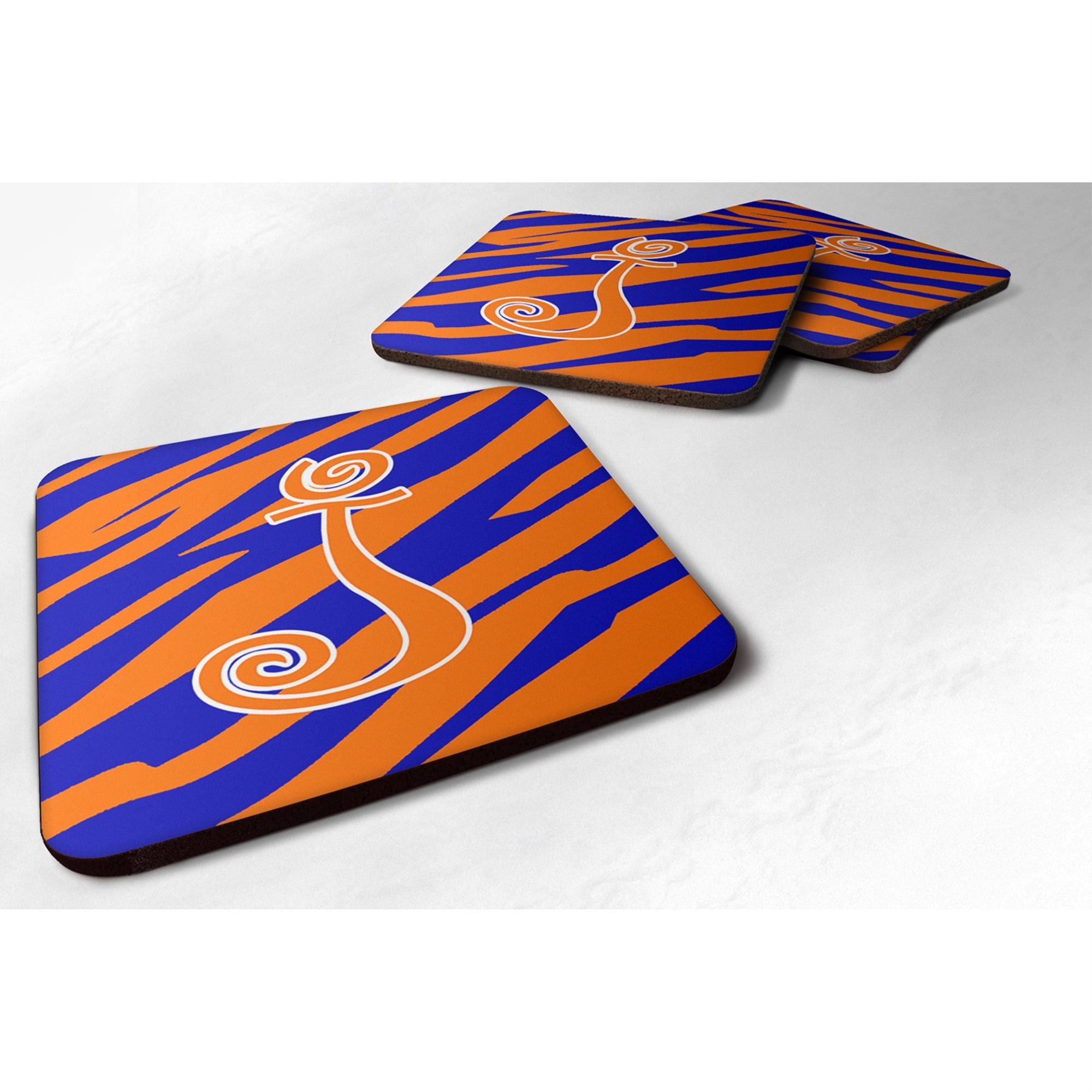 'Caroline'S Treasures Cj1036-Jfc Monogram-Tiger Stripe Blue And Orange Foam Coasters (Set Of 4), Initial Letter J, 3.5'''' H X