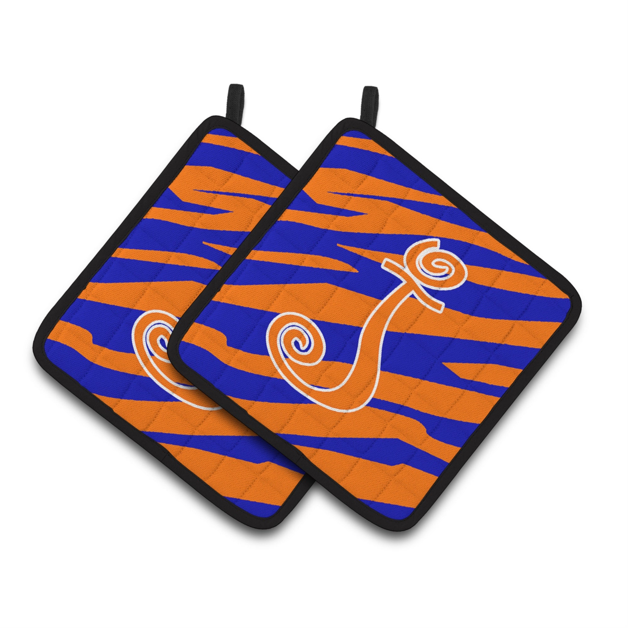'Caroline'S Treasures Monogram Initial J Tiger Stripe Blue & Orange Pair Of Pot Holders Cj1036-Jpthd, 7.5Hx7.5W, Multicolor''