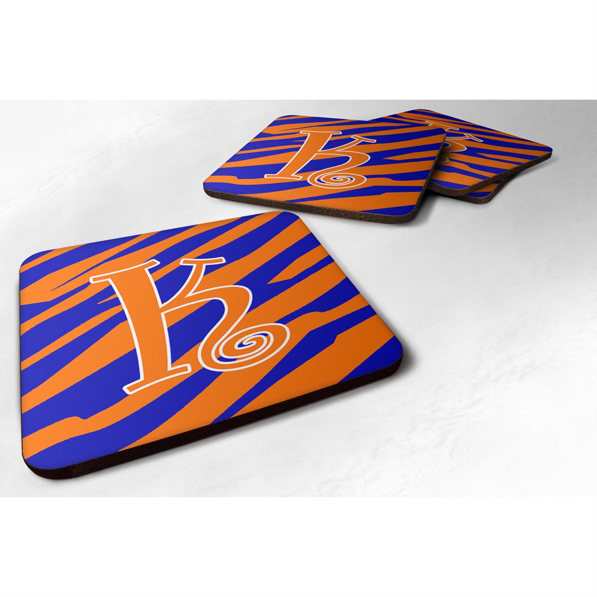 'Caroline'S Treasures Cj1036-Kfc Monogram-Tiger Stripe Blue And Orange Foam Coasters (Set Of 4), Initial Letter K, 3.5'''' H X