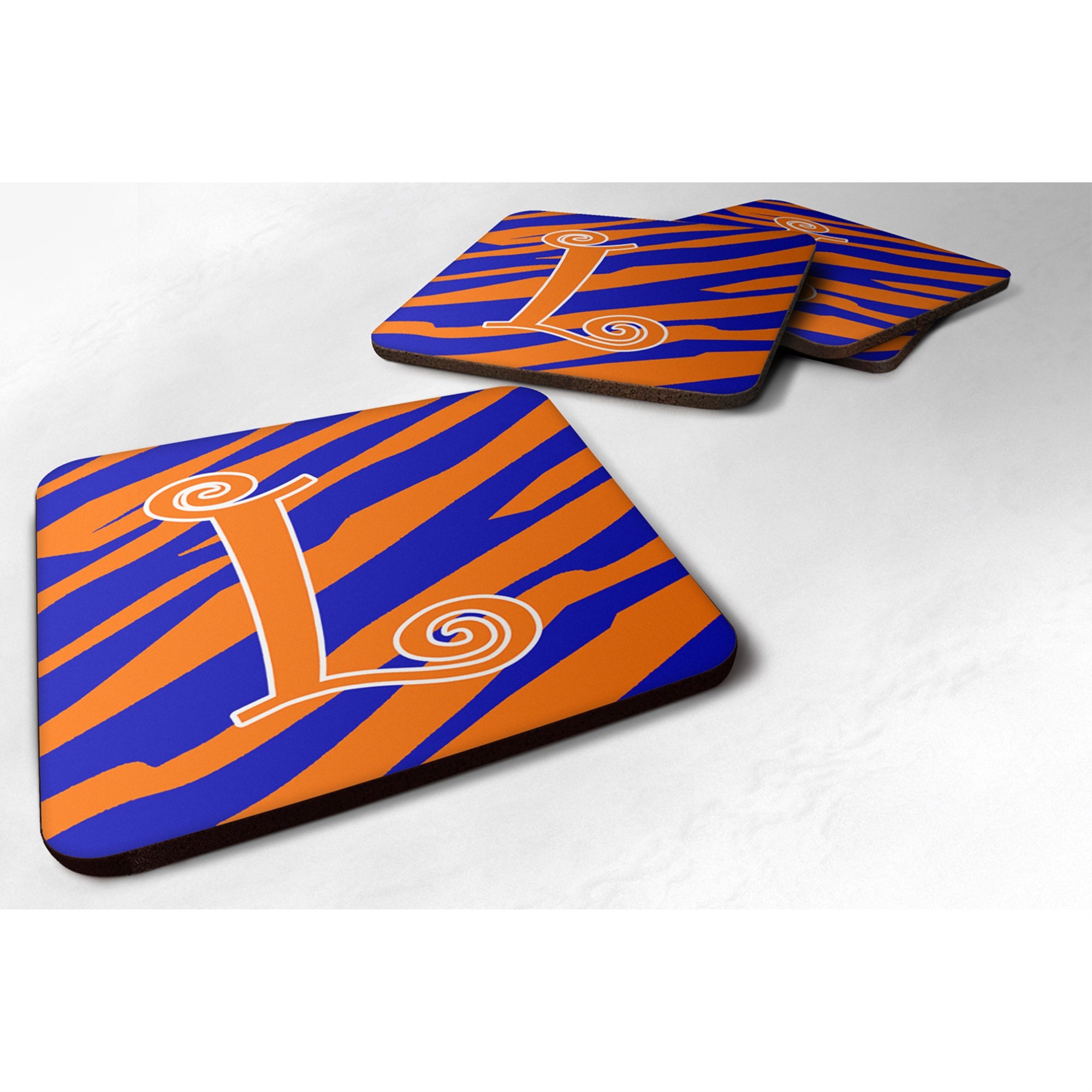 'Caroline'S Treasures Cj1036-Lfc Monogram-Tiger Stripe Blue And Orange Foam Coasters (Set Of 4), Initial Letter L, 3.5'''' H X